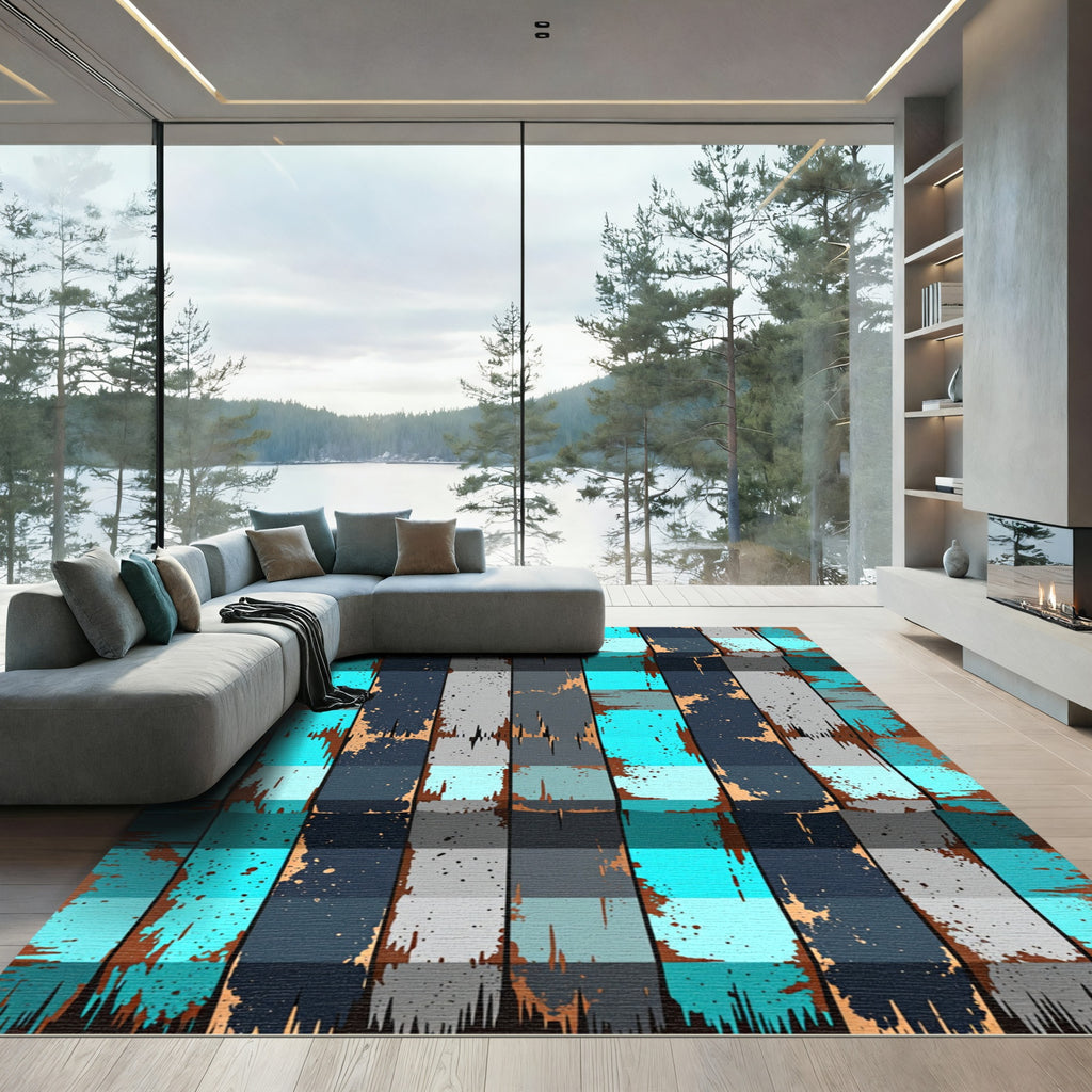 Aqua Gray Wood Grain Plaid Splash Rug