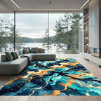 Teal and Amber Abstract Wave Fluid Rug