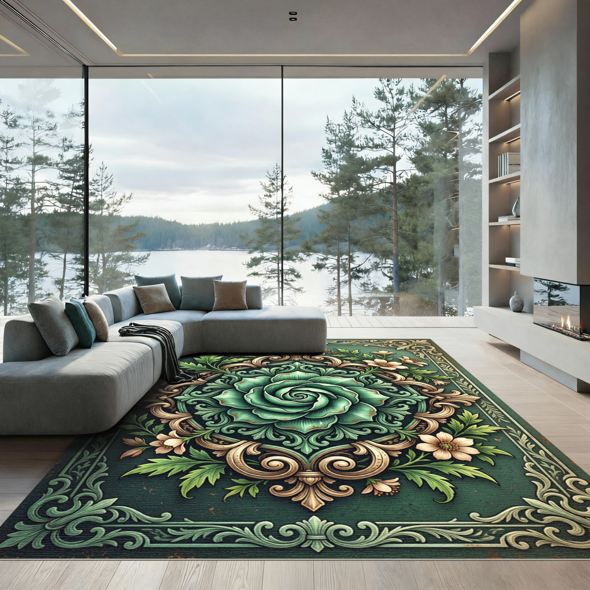 Emerald Green Floral Crest Rug