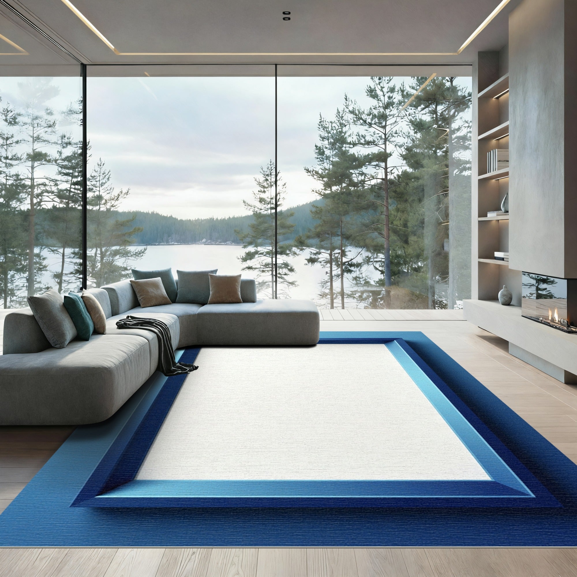 Deep Blue Modern Geometric Rectangle Rug