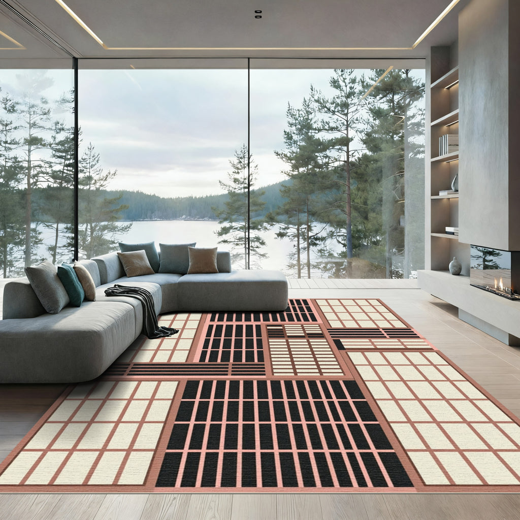 Geometric Minimalist Earth Tone Grid Rug