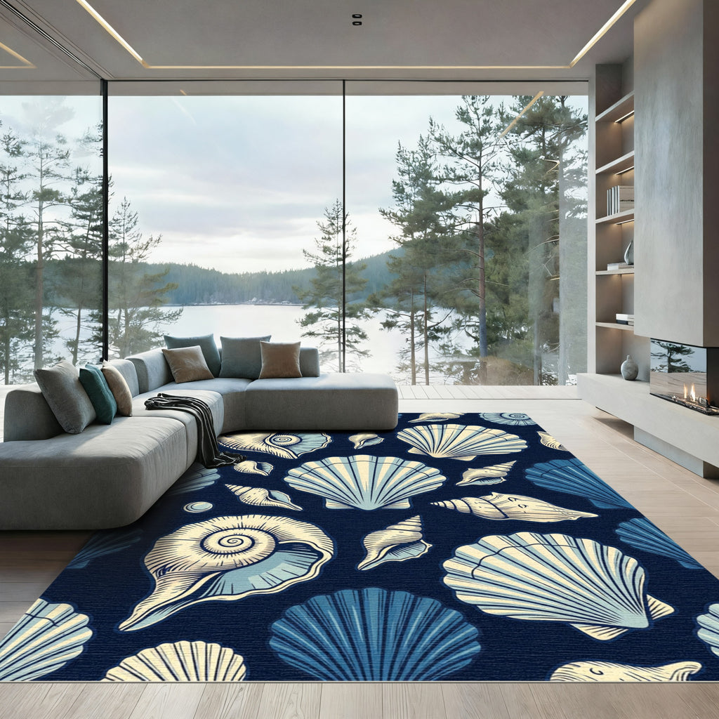 Navy Blue Seashell Illustration Rug