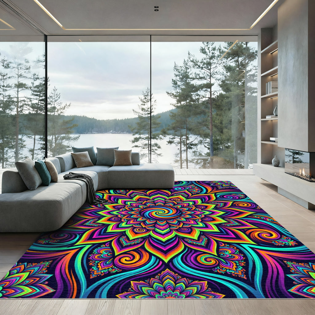Vibrant Neon Psychedelic Fractal Floral Swirl Rug