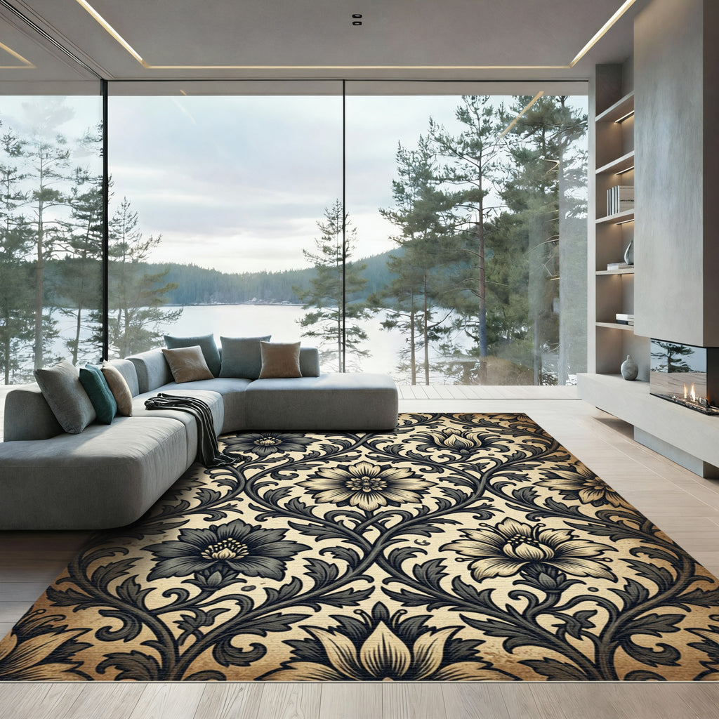 Vintage Charcoal Floral Botanical Vines Rug