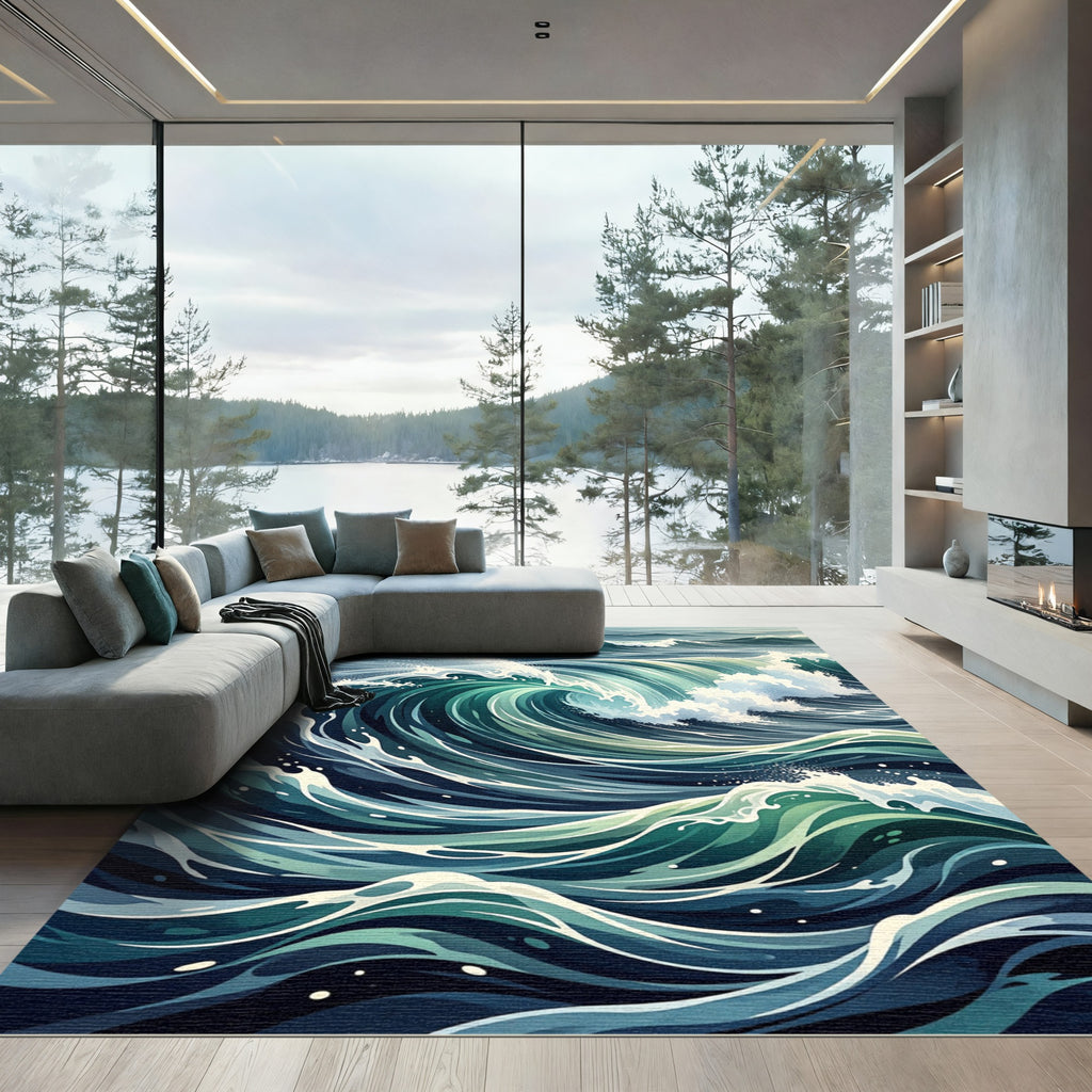 Deep Teal Swirling Ocean Waves Rug