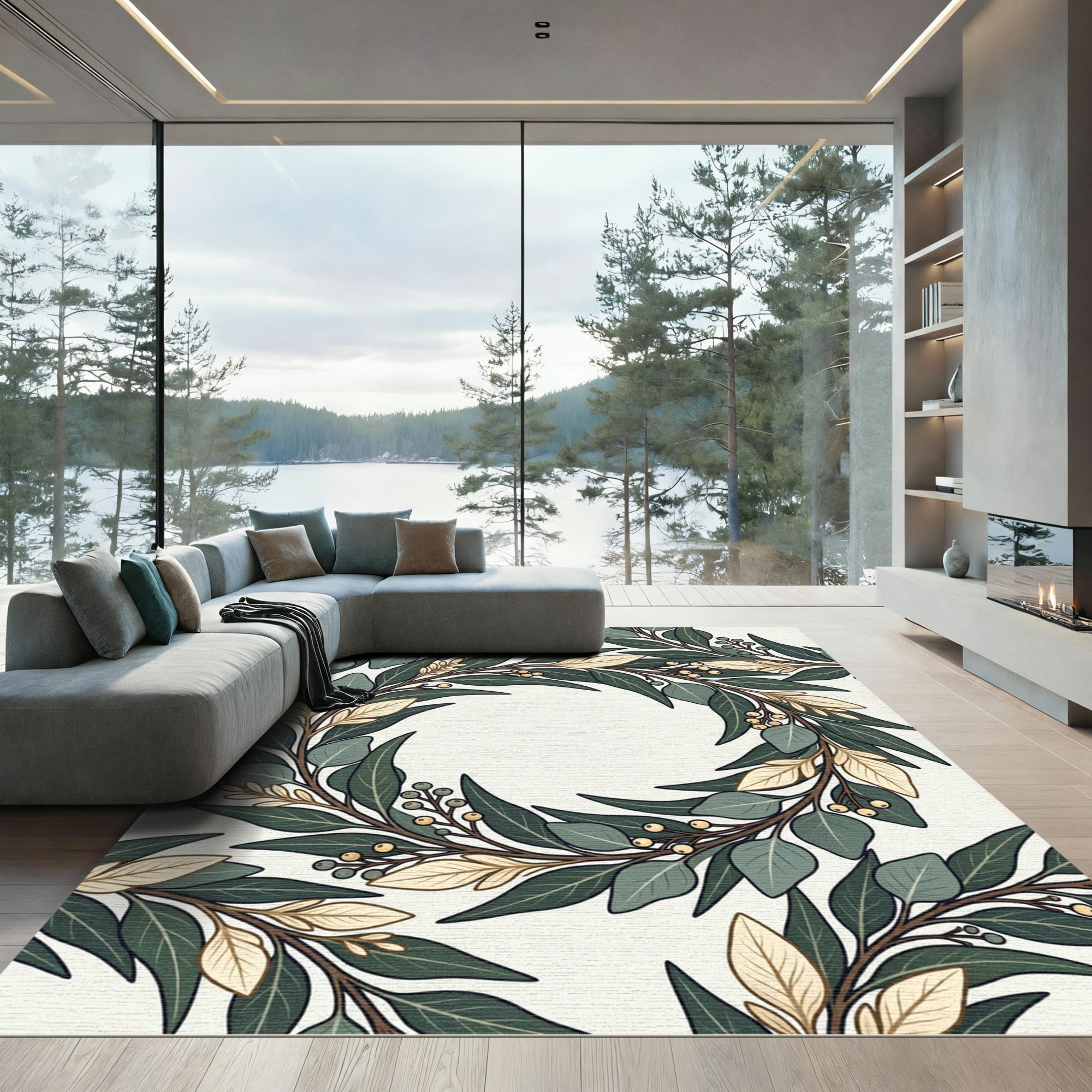 Botanical Wreath with Sage and Gold Leaves Rug