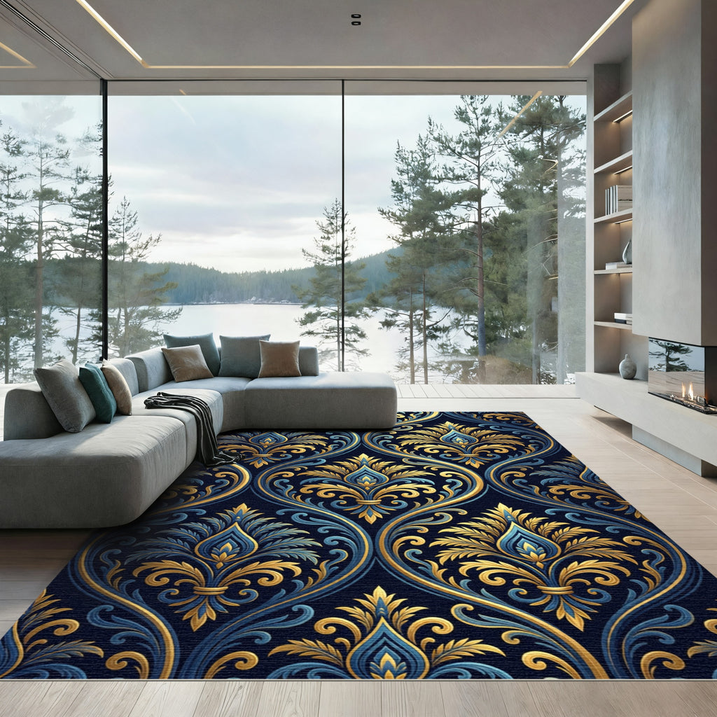 Elegant Navy and Gold Damask Swirl Rug