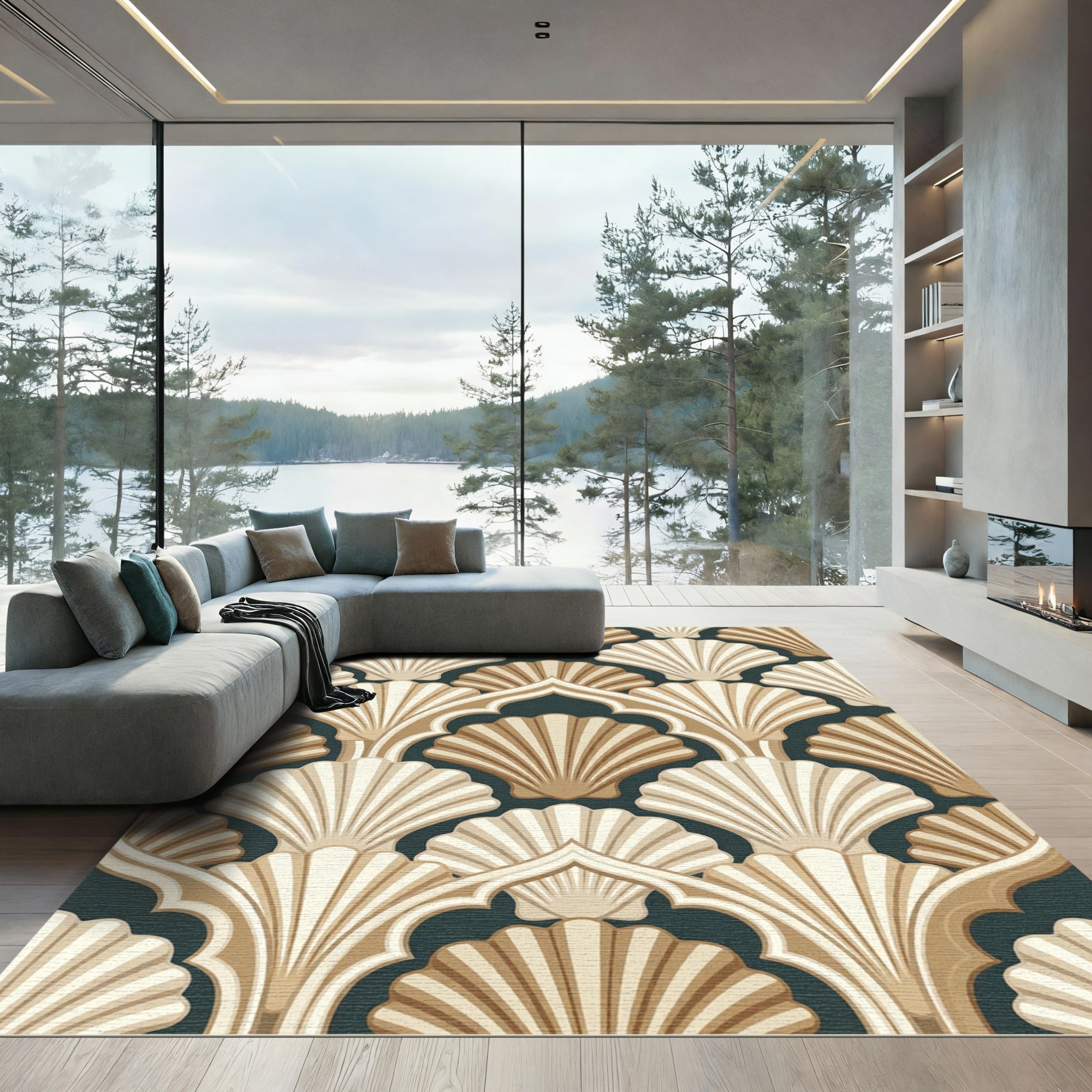 Art Deco Scalloped Shell Cream Slate Rug