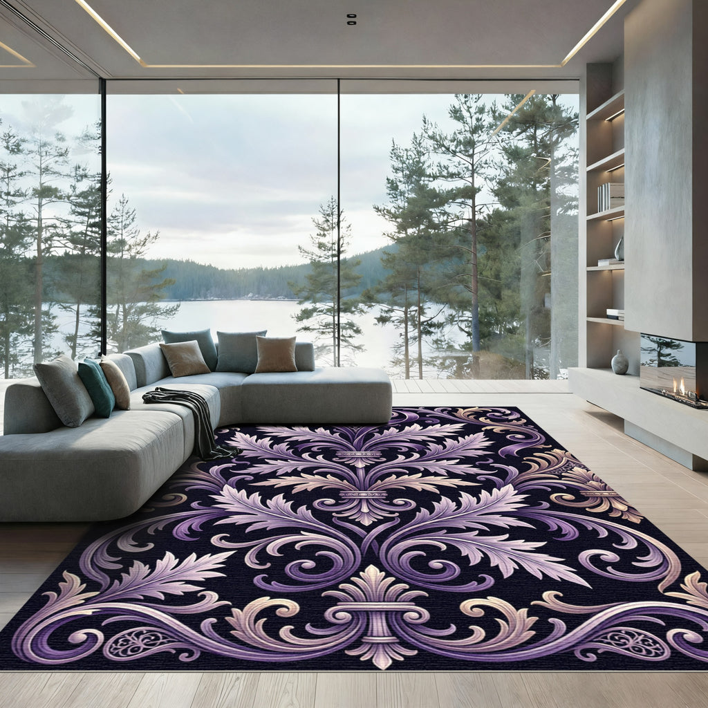 Ornate Purple and Gold Acanthus Scroll Rug