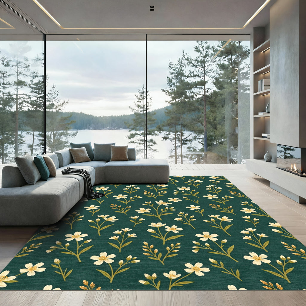 Botanical Cream Blossom Deep Forest Rug