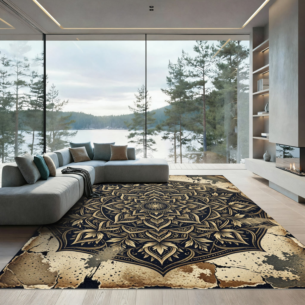 Vintage Golden Mandala Distressed Black Art Rug