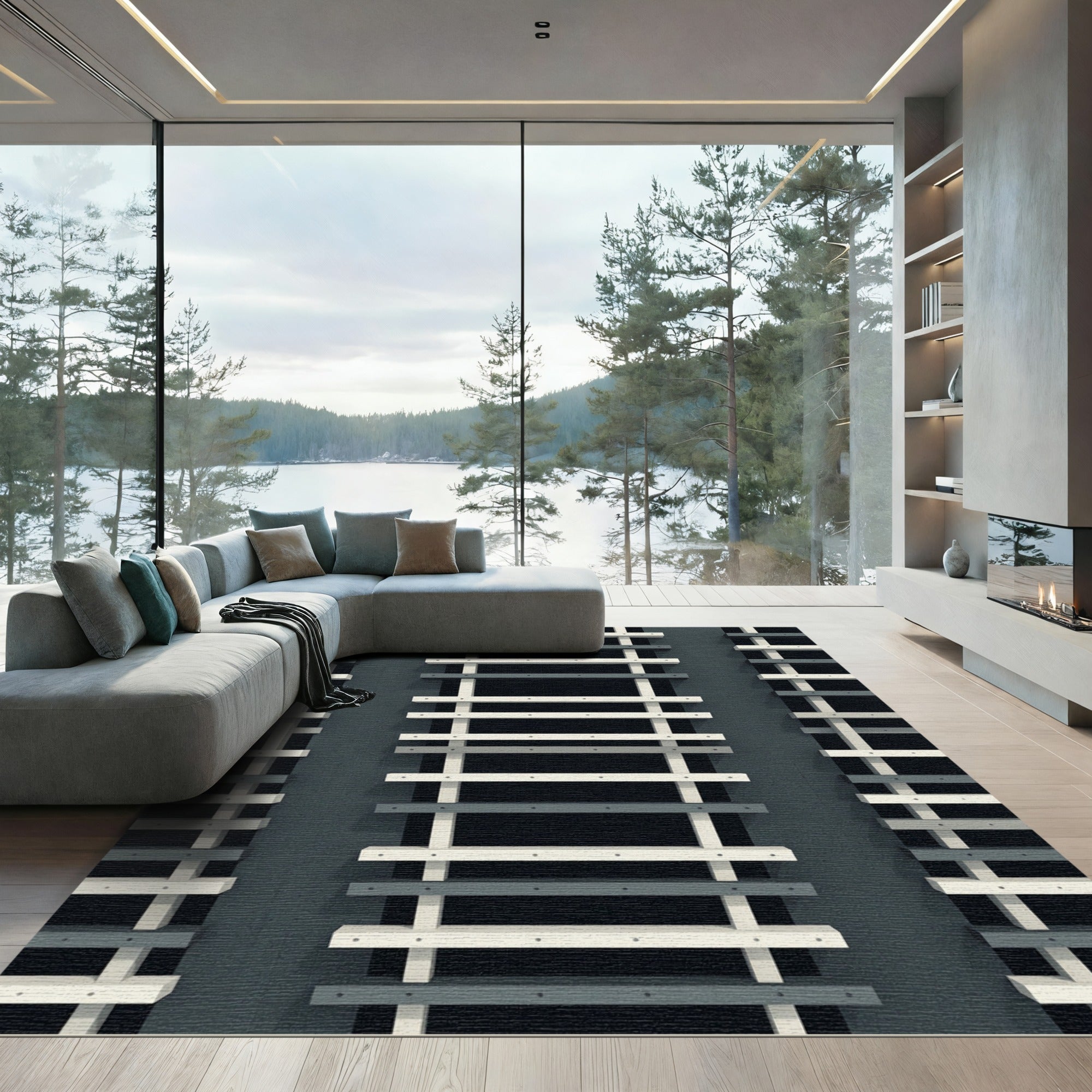 Industrial Gray White Linear Ladder Rug