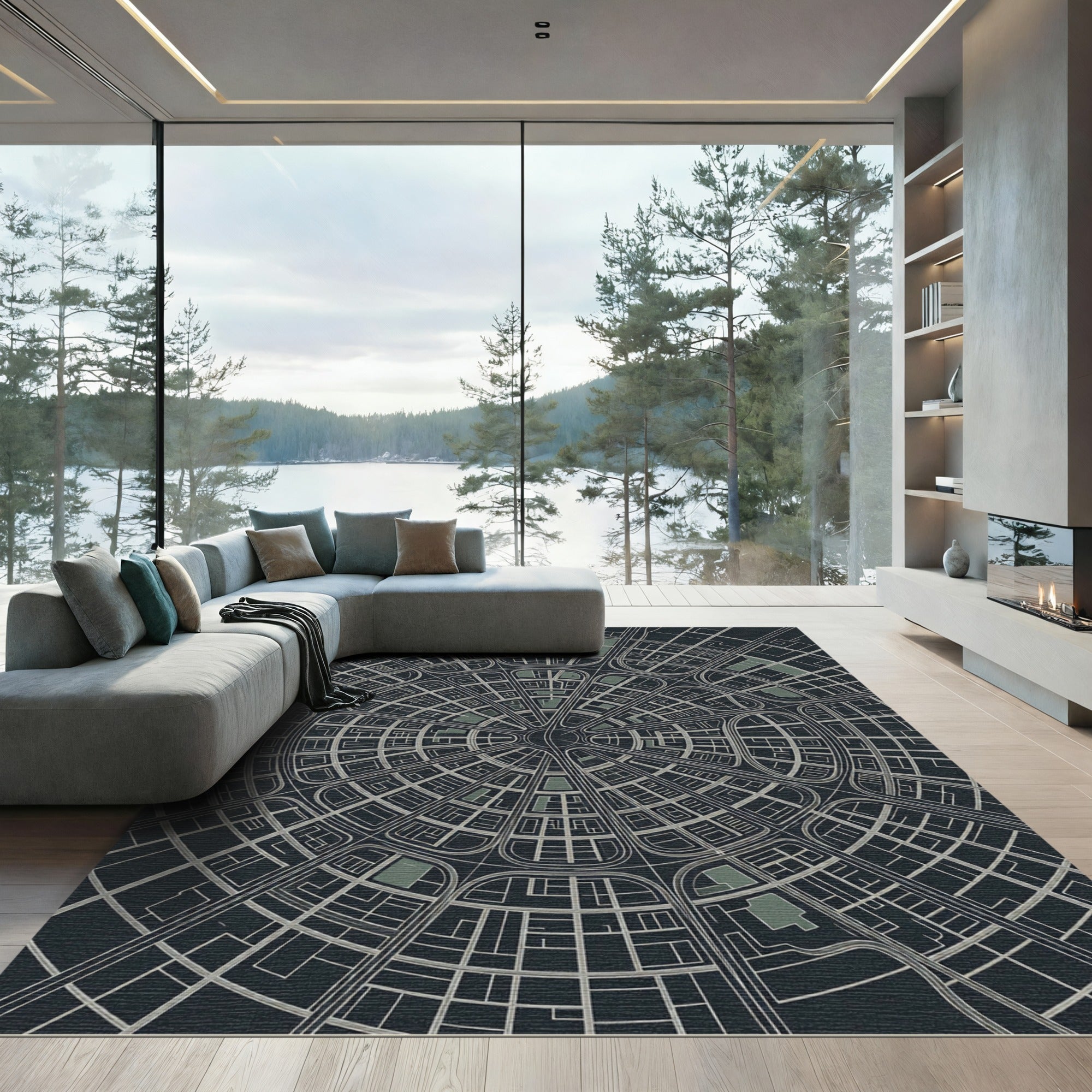 Circular Urban Map Geometric Monochrome Rug