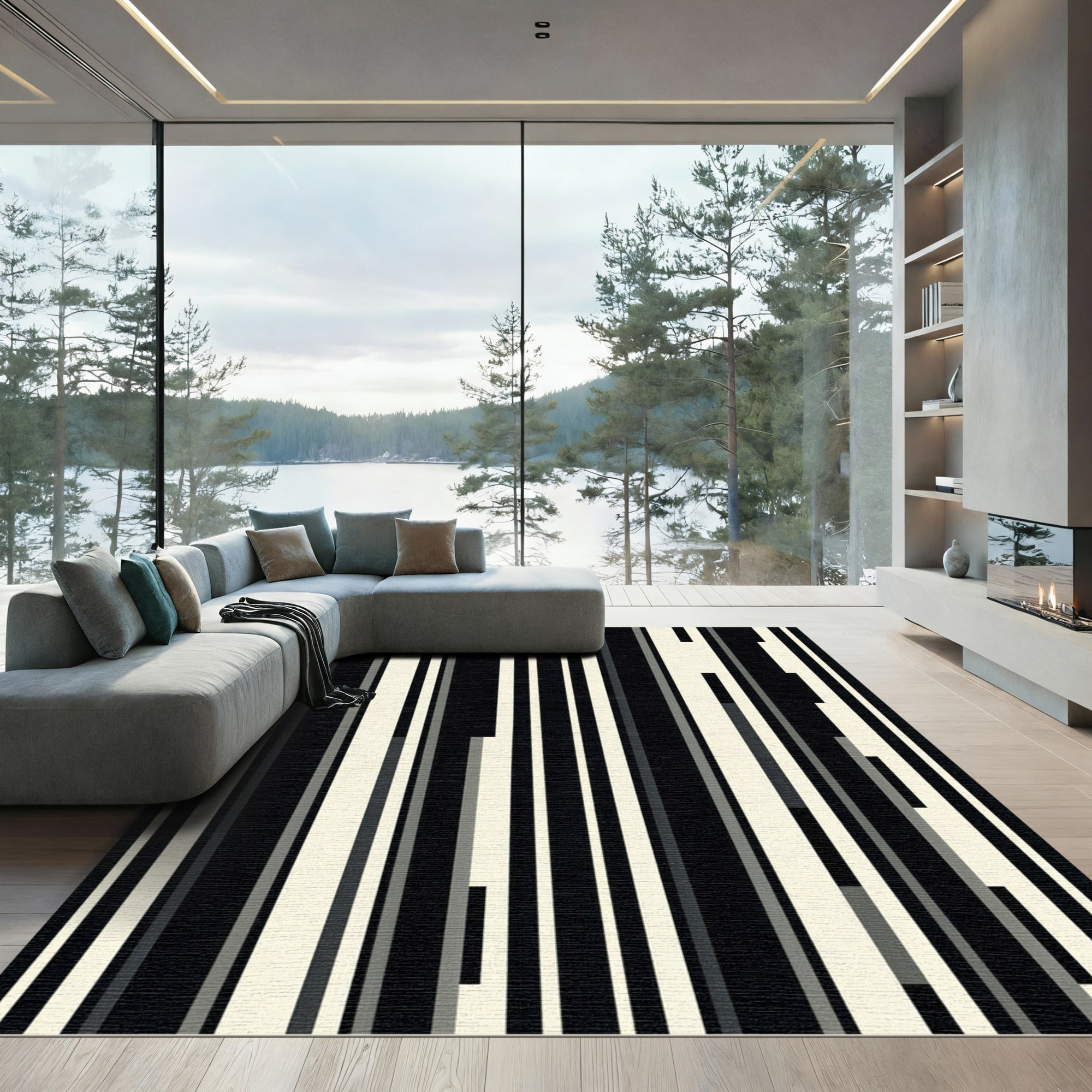 Modern Monochrome Linear Abstract Stripe Rug