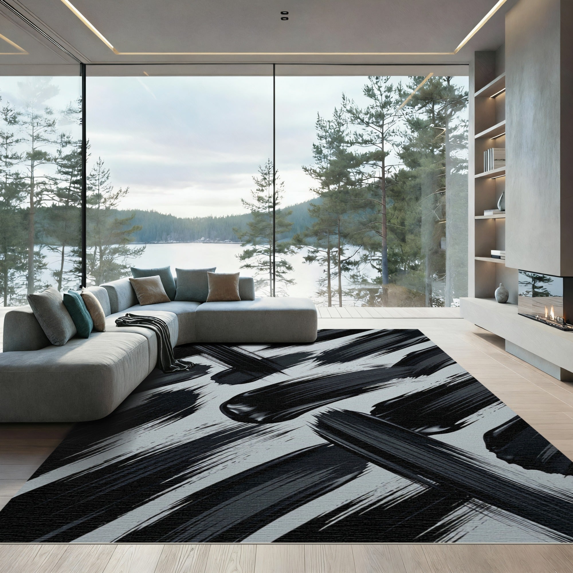 Modern Abstract Black Ink Brushstroke Rug