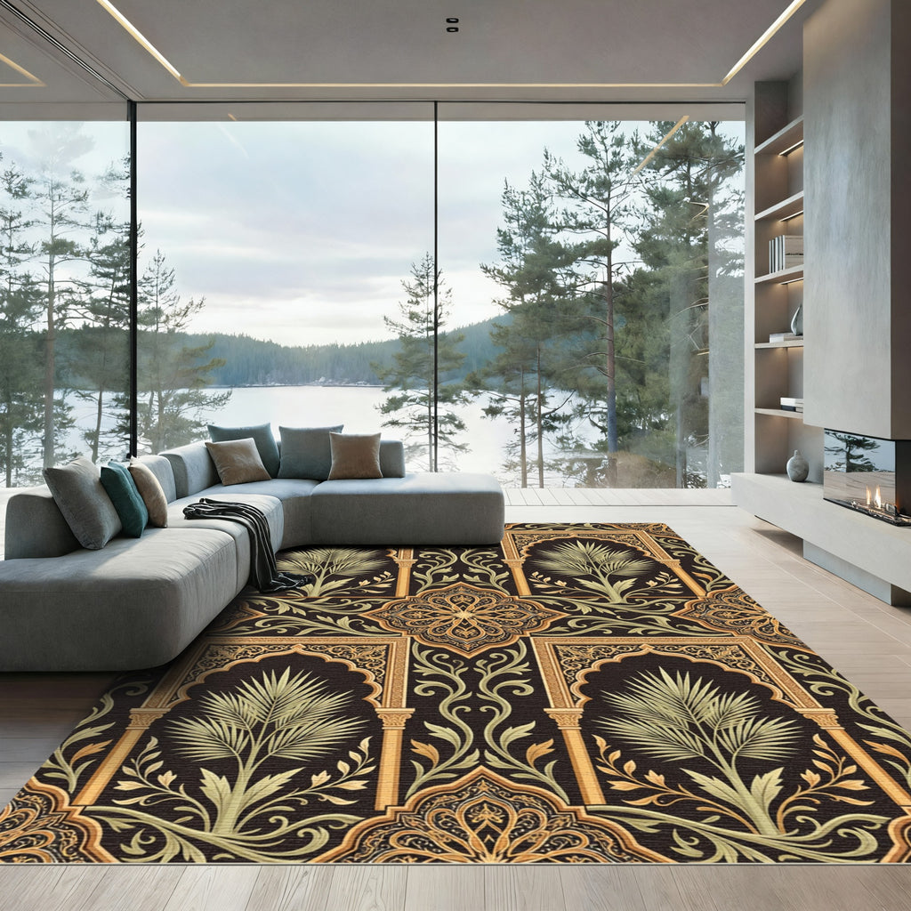 Ornate Black Gold Palm Archway Rug