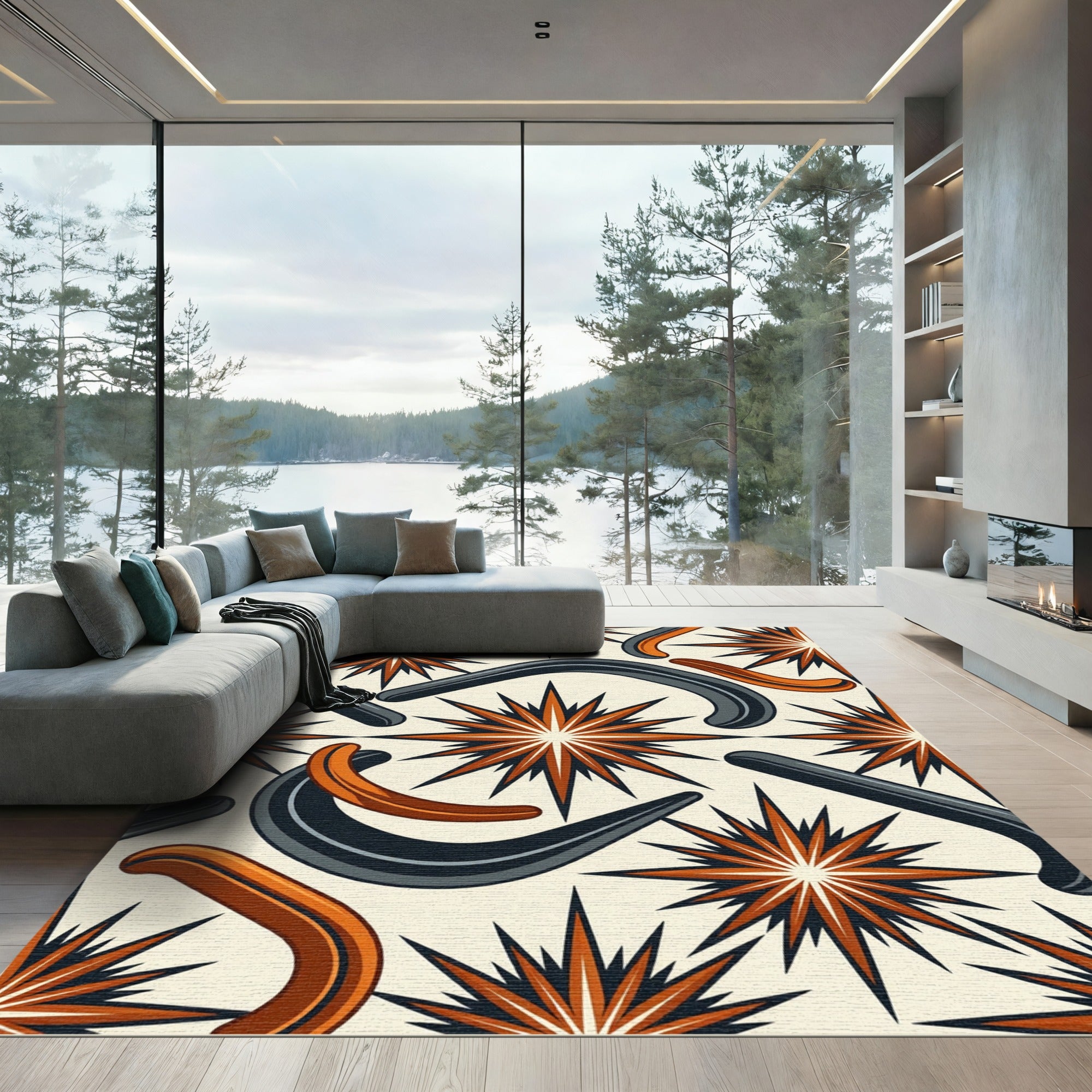 Midcentury Burnt Orange Gray Celestial Star Rug