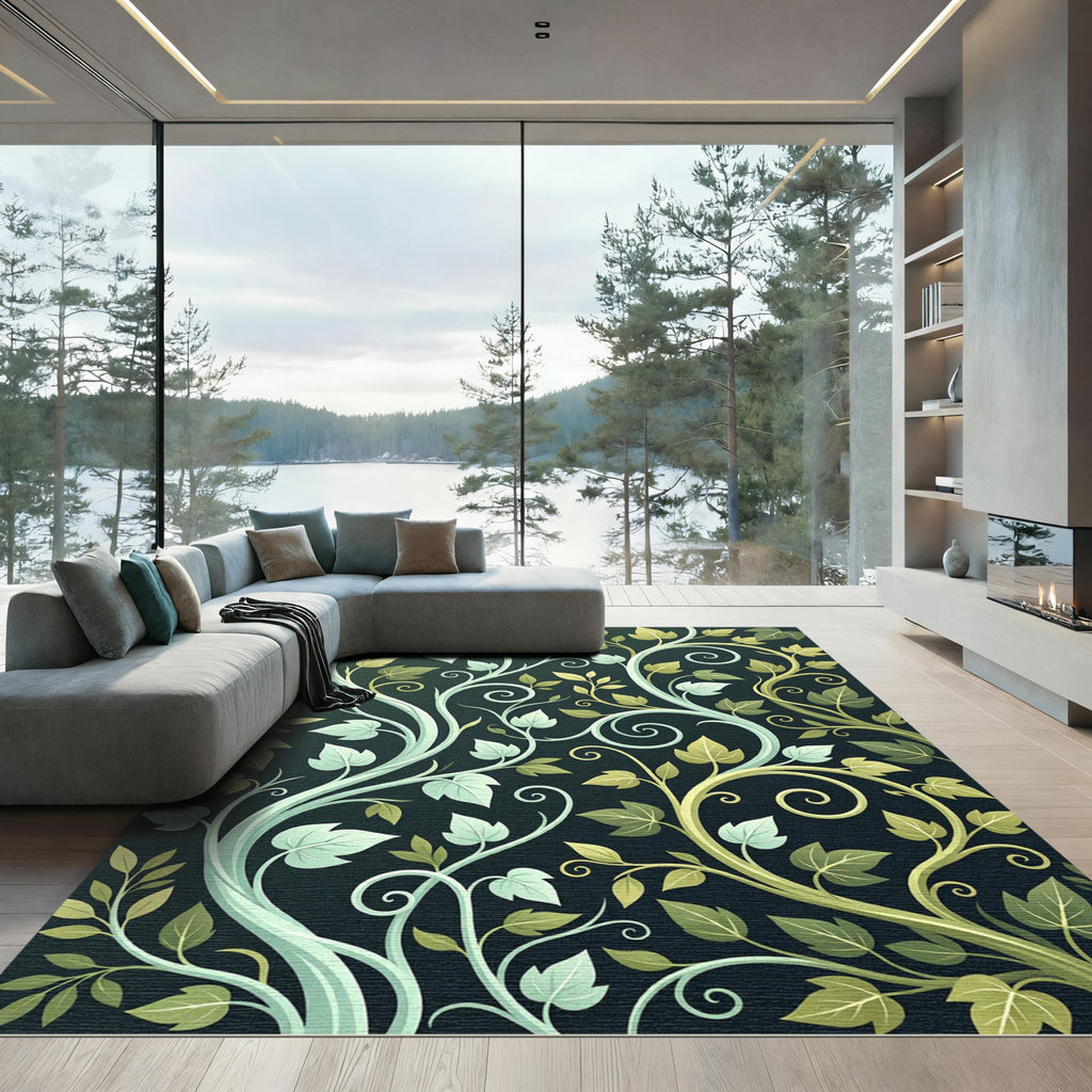 Lush Green Botanical Ivy Vine Swirls Rug