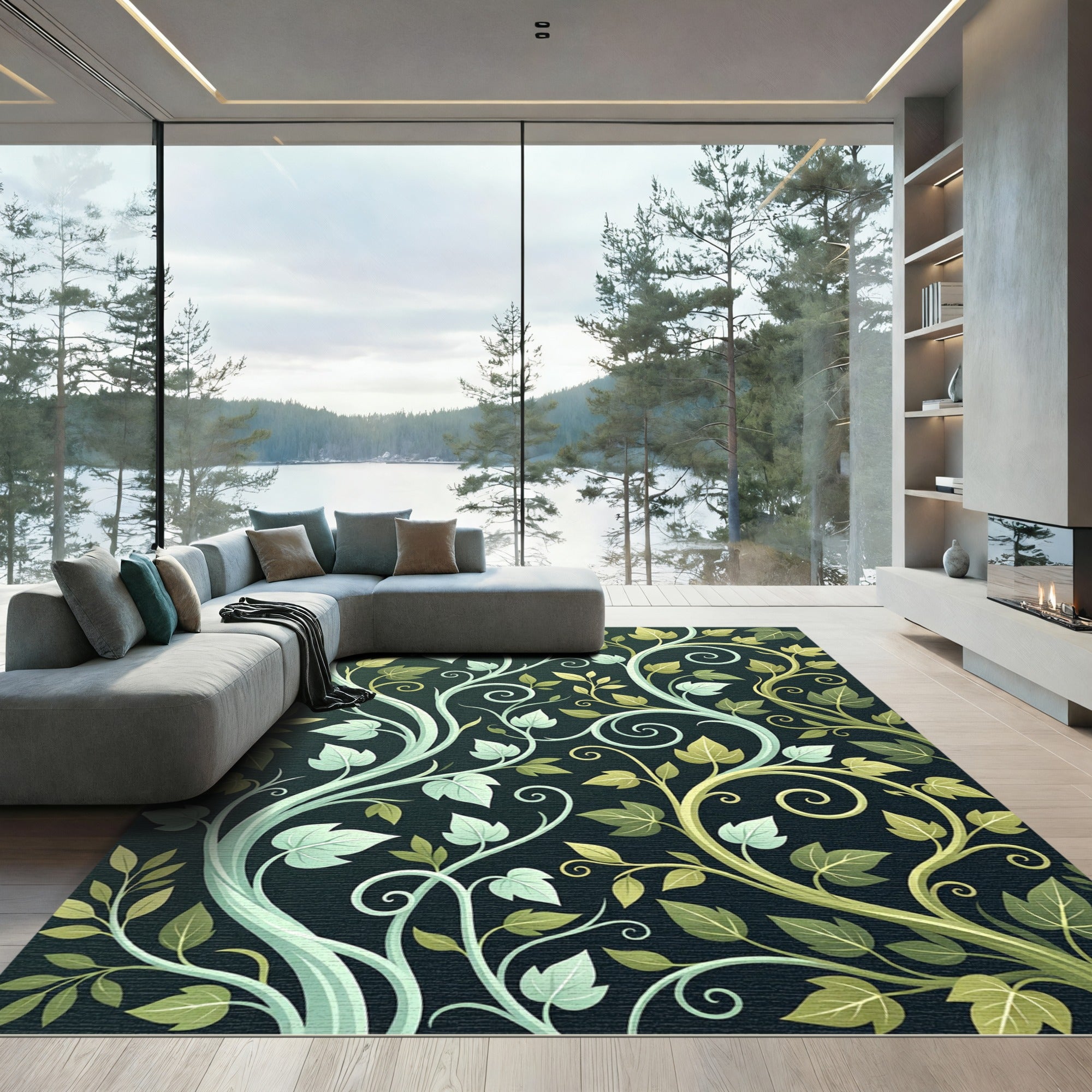 Lush Green Botanical Ivy Vine Swirls Rug