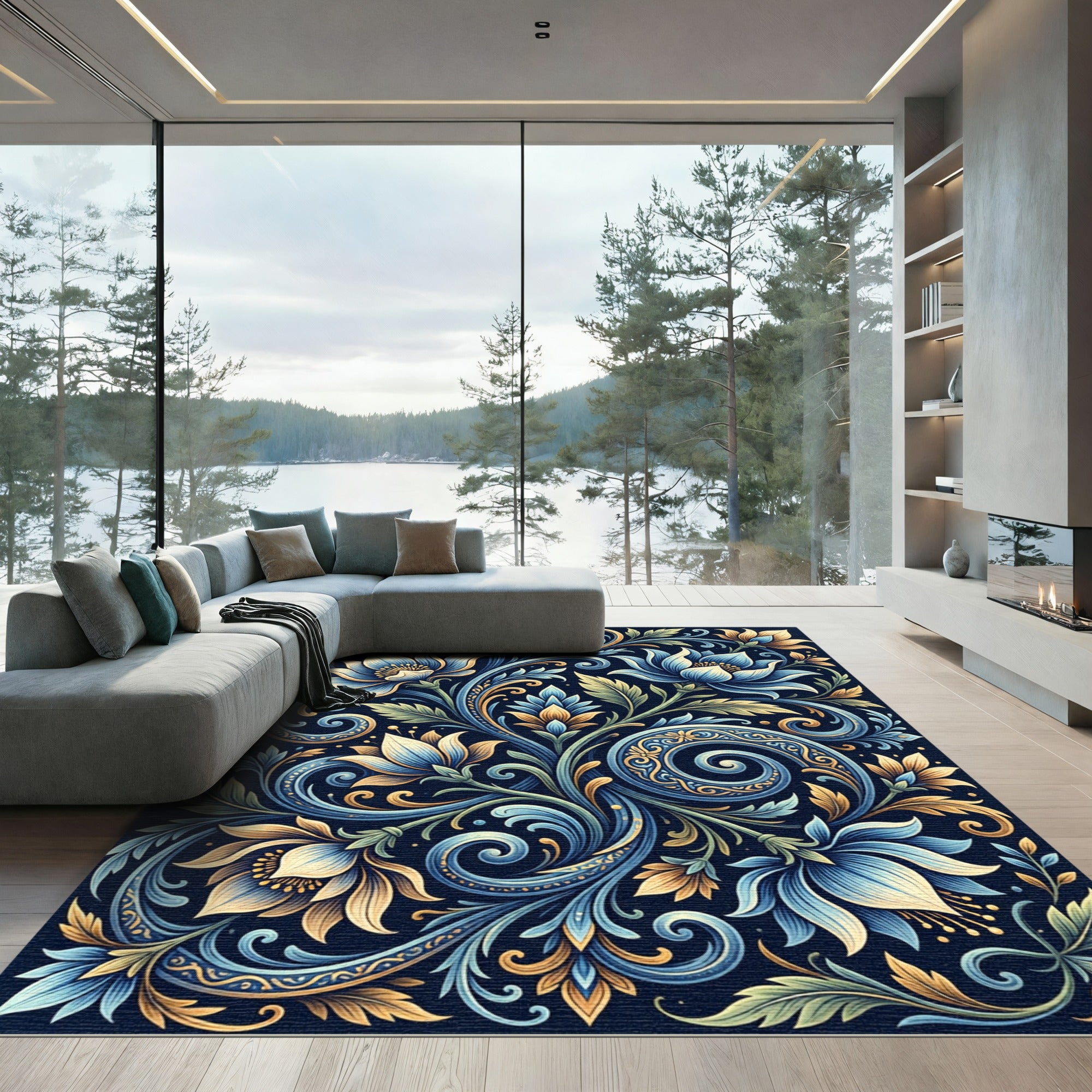 Elegant Navy and Gold Floral Swirl Rug