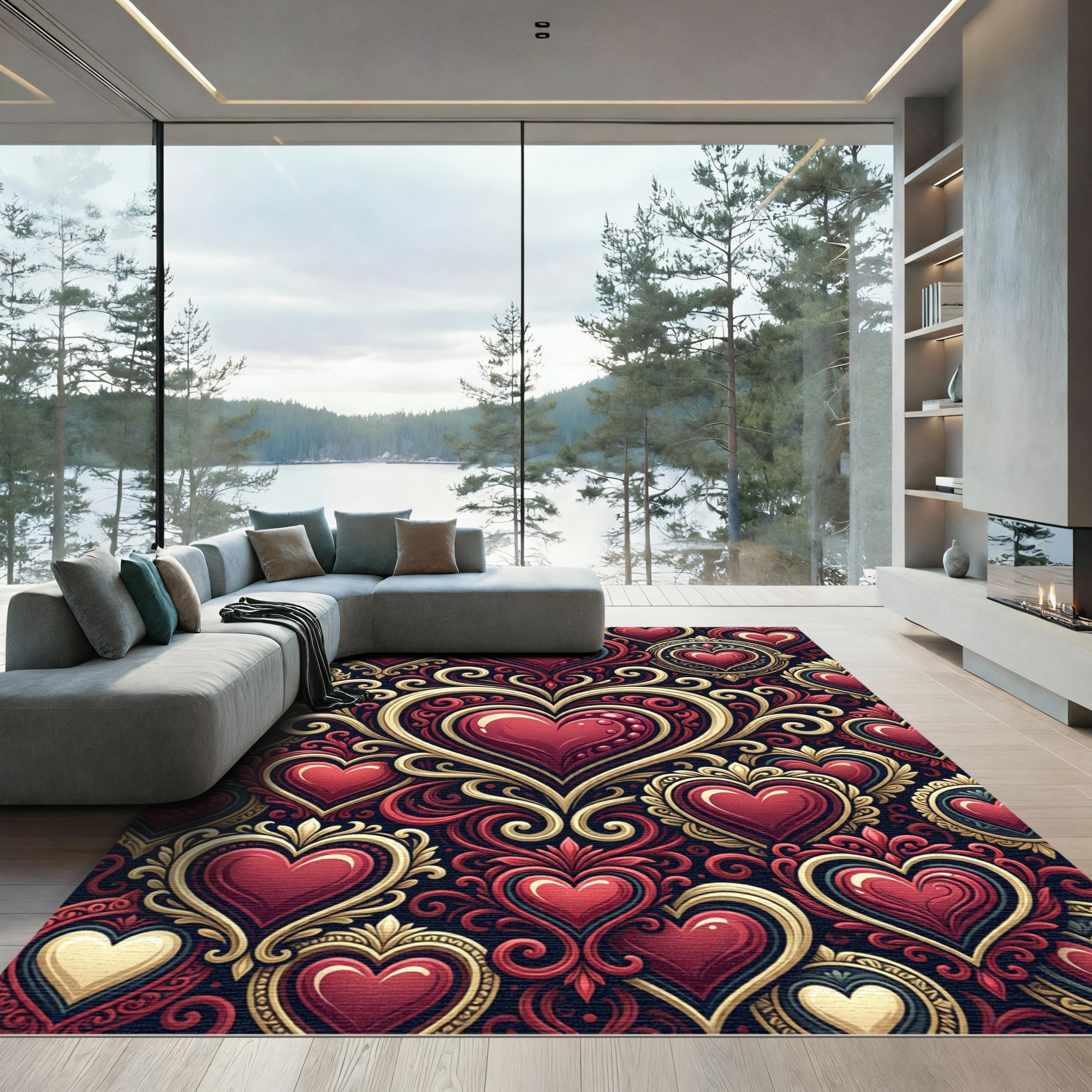Crimson Heart Swirl Baroque Rug