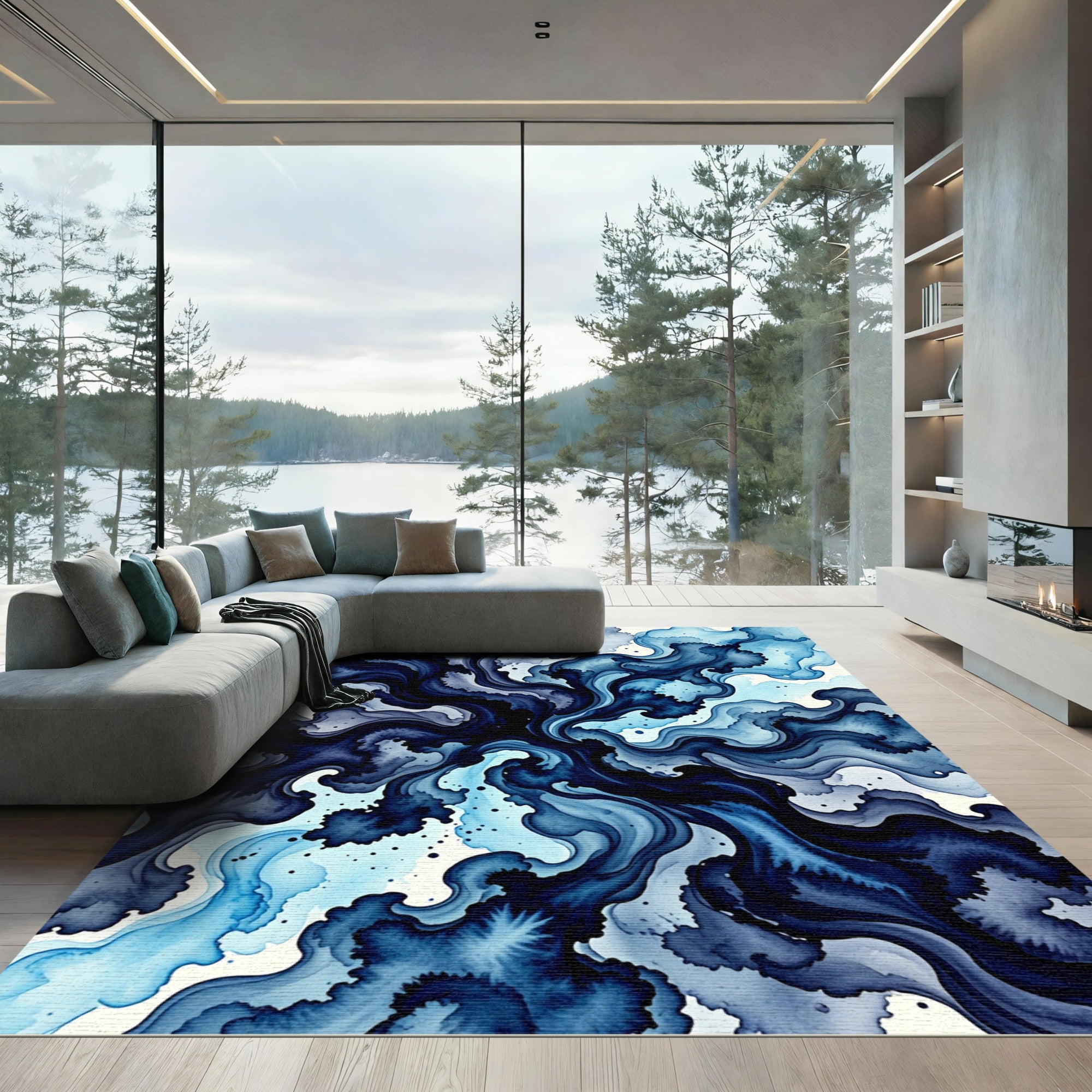 Fluid Navy Blue Abstract Swirl Rug