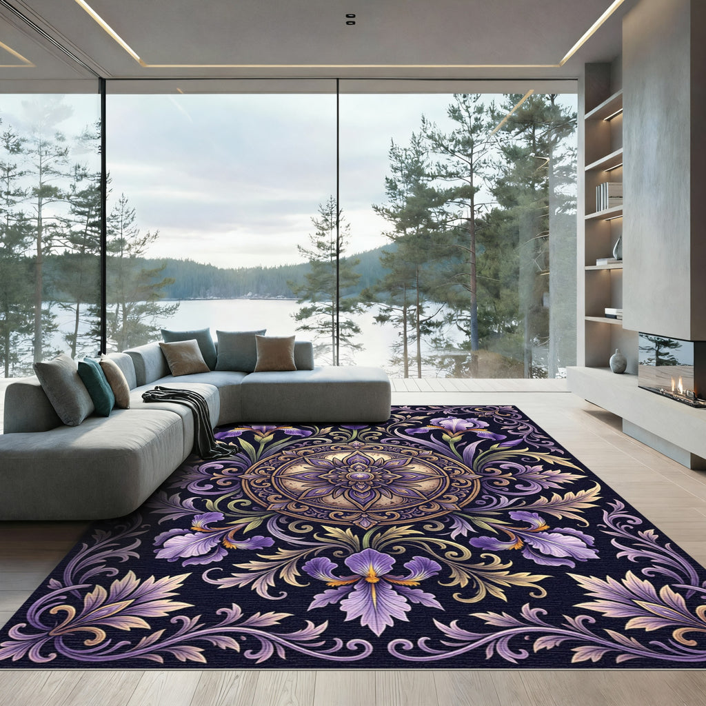 Elegant Purple Iris Floral Medallion Rug