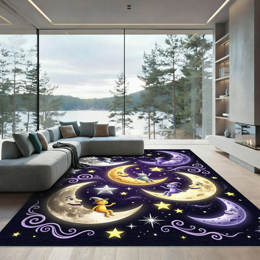 Whimsical Celestial Crescent Moon Starry Night Rug