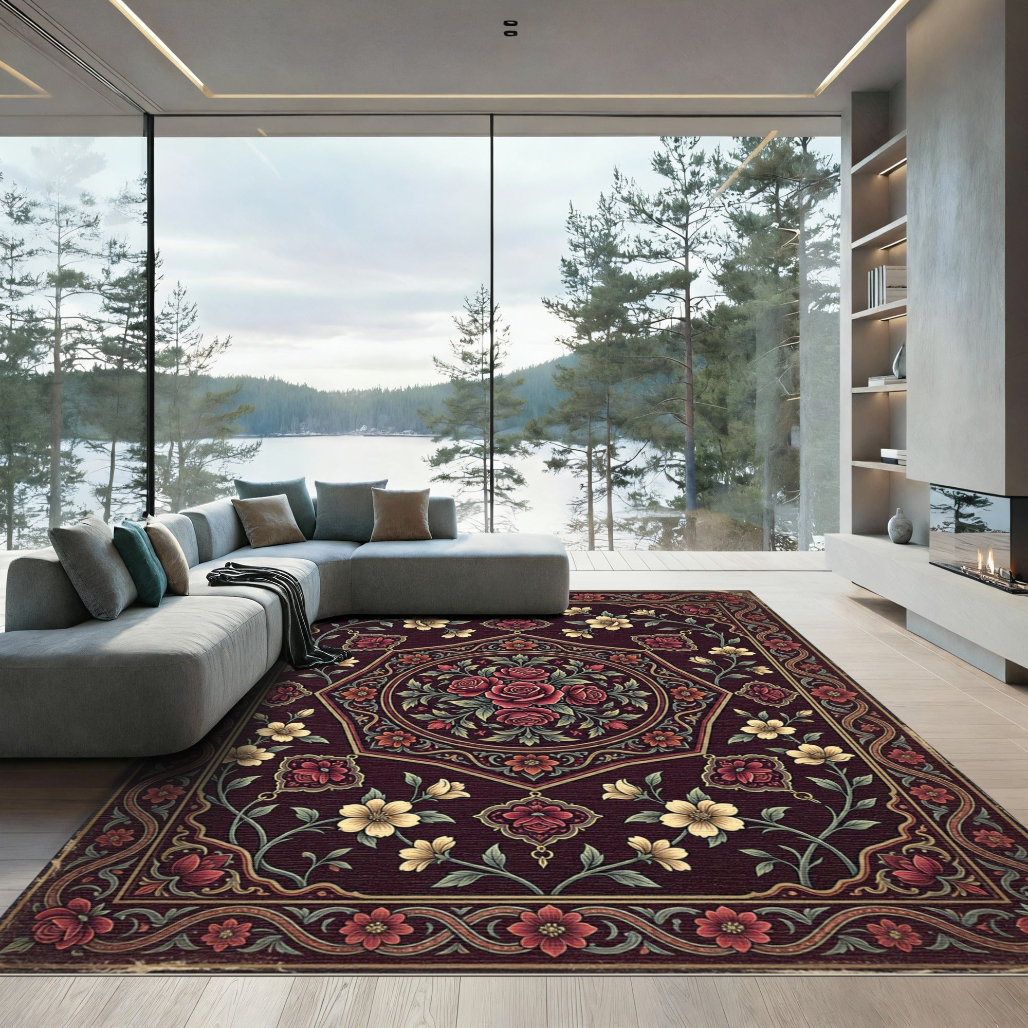 Earthy Burgundy Floral Hexagon Medallion Rug