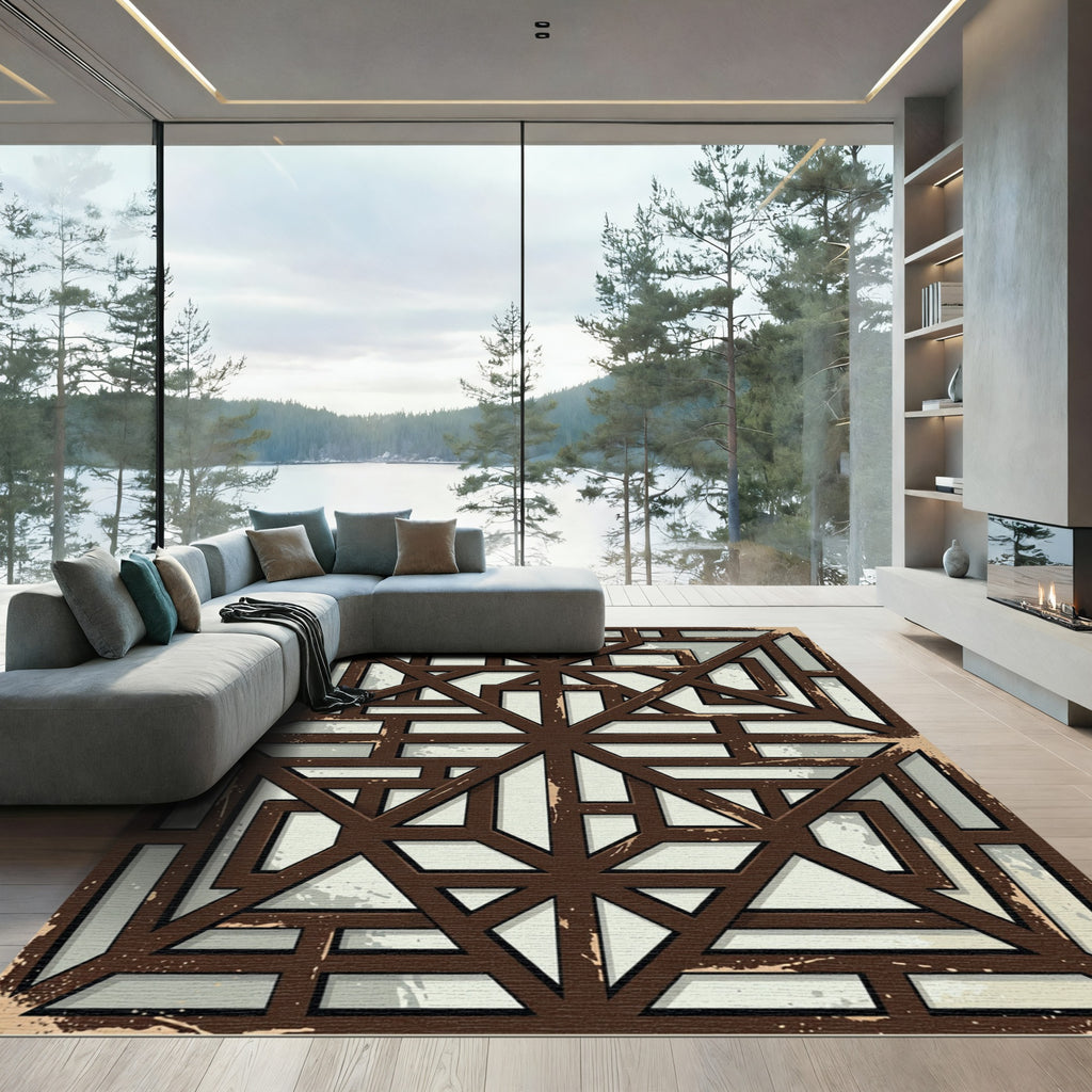 Brown Geometric Lattice Grunge Rug