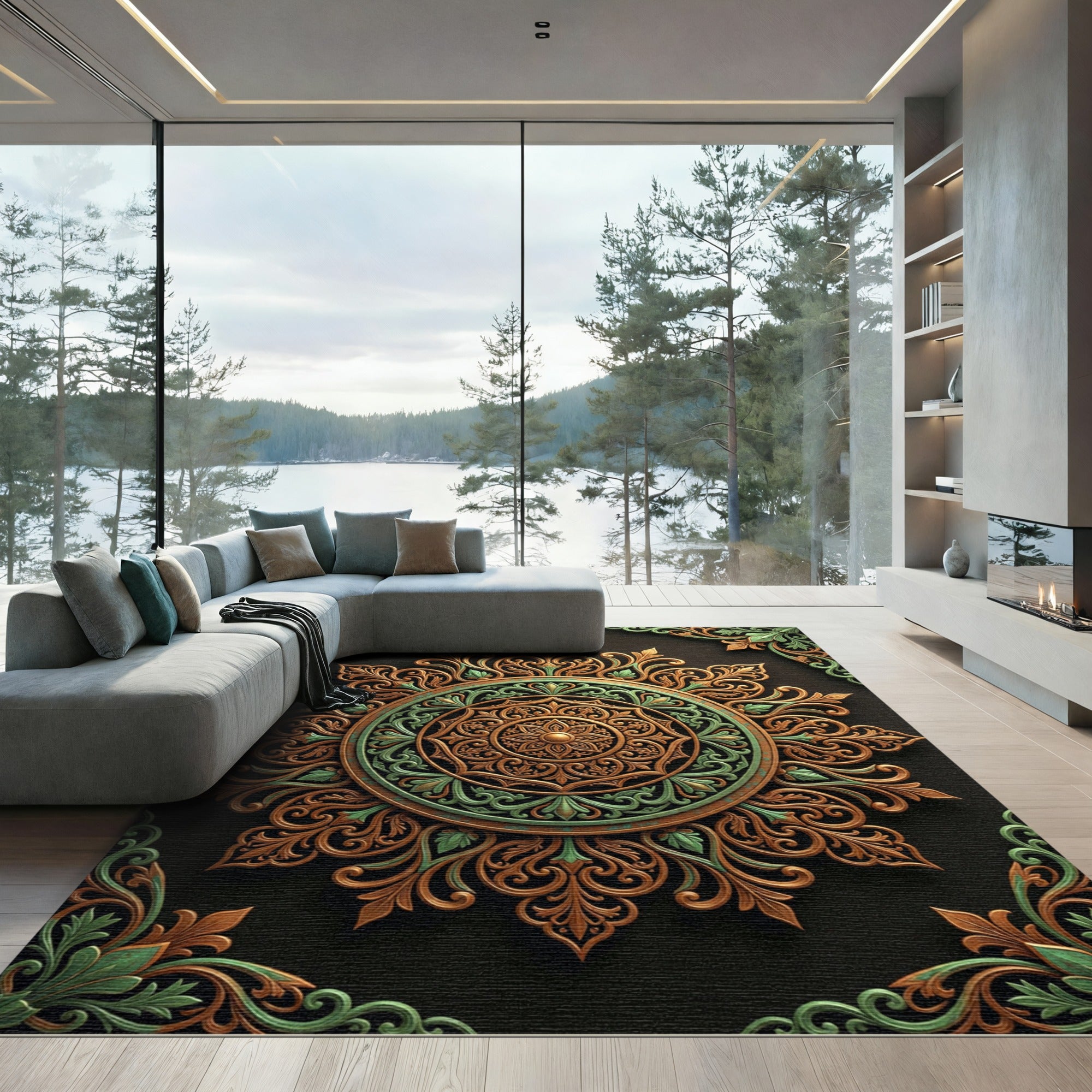 Ornate Gold and Sage Filigree Medallion Rug