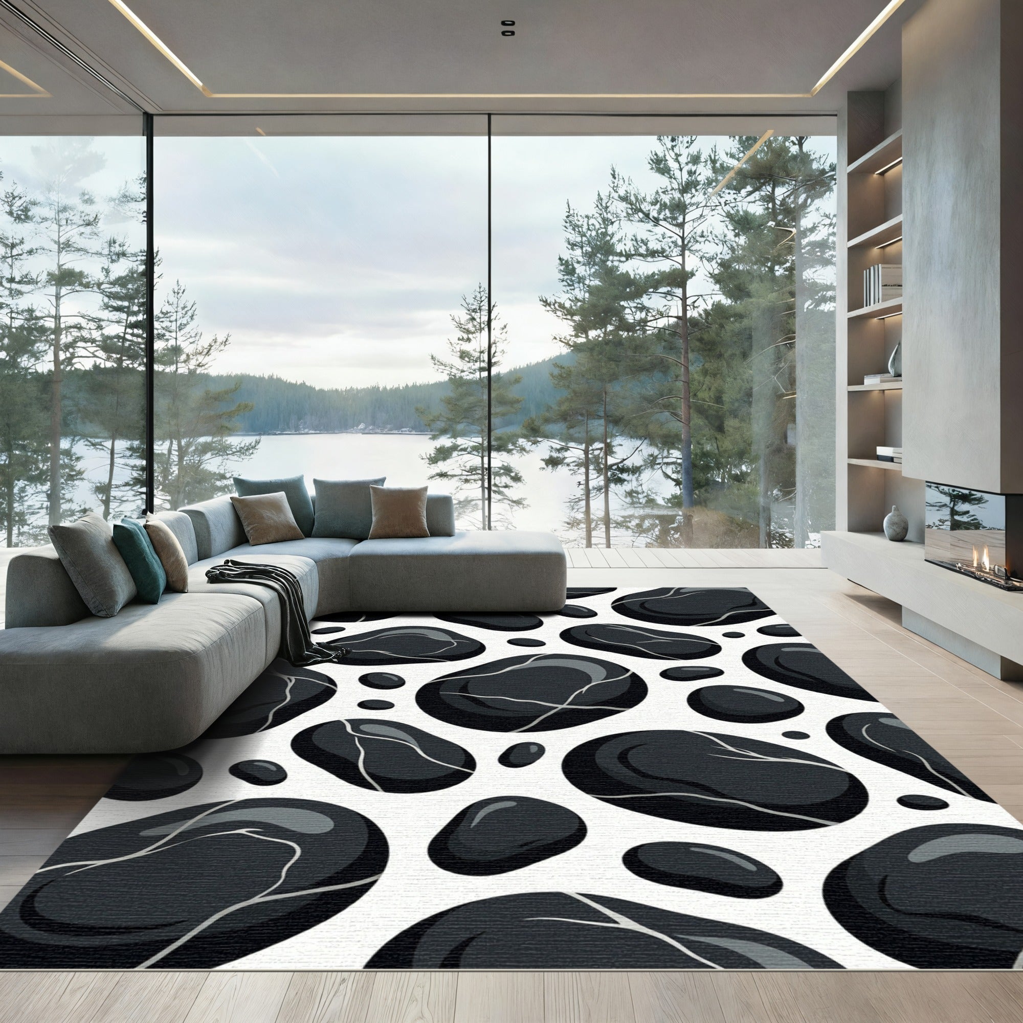 Black Pebble Mosaic Scattered Stones Rug