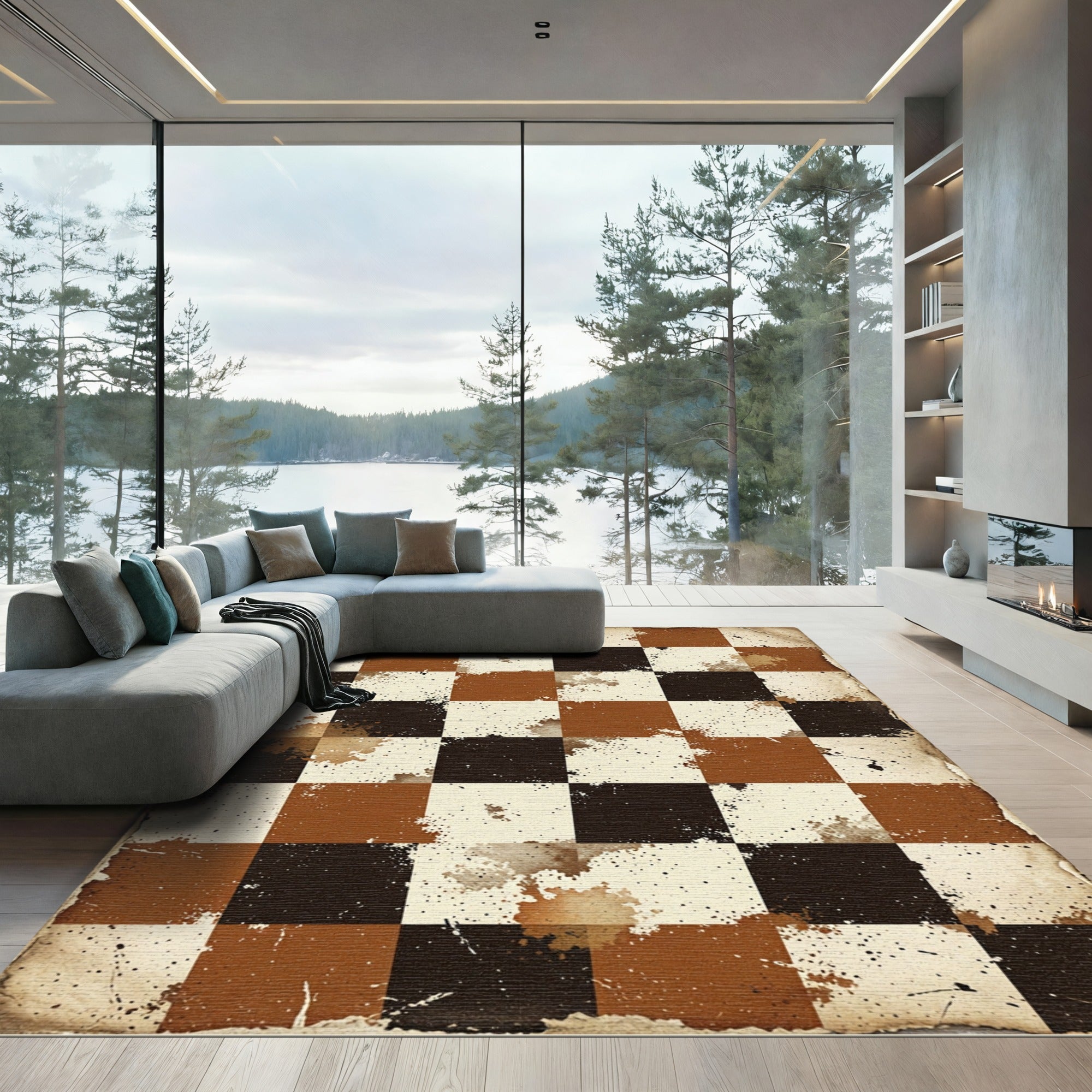 Distressed Brown and Cream Checkered Tile Rug