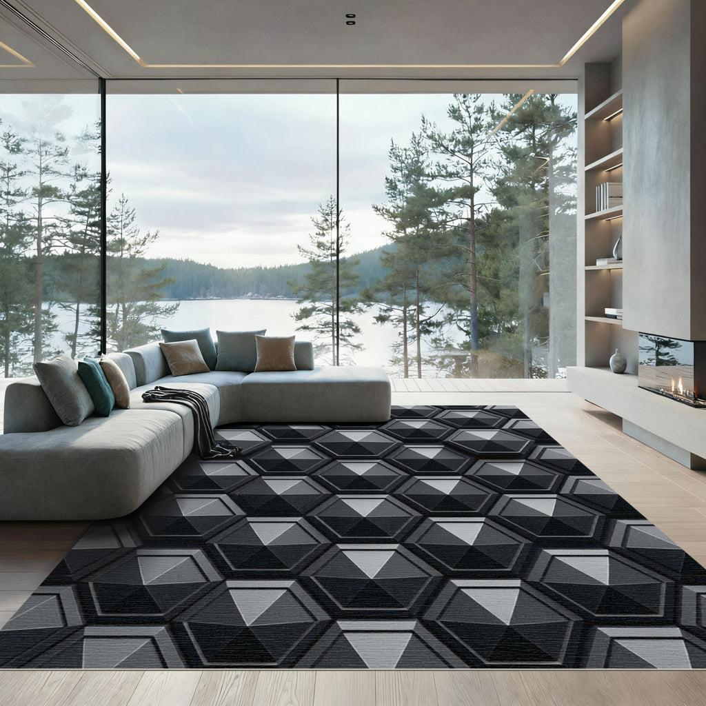 3D Hexagonal Geometric Dark Gray Rug