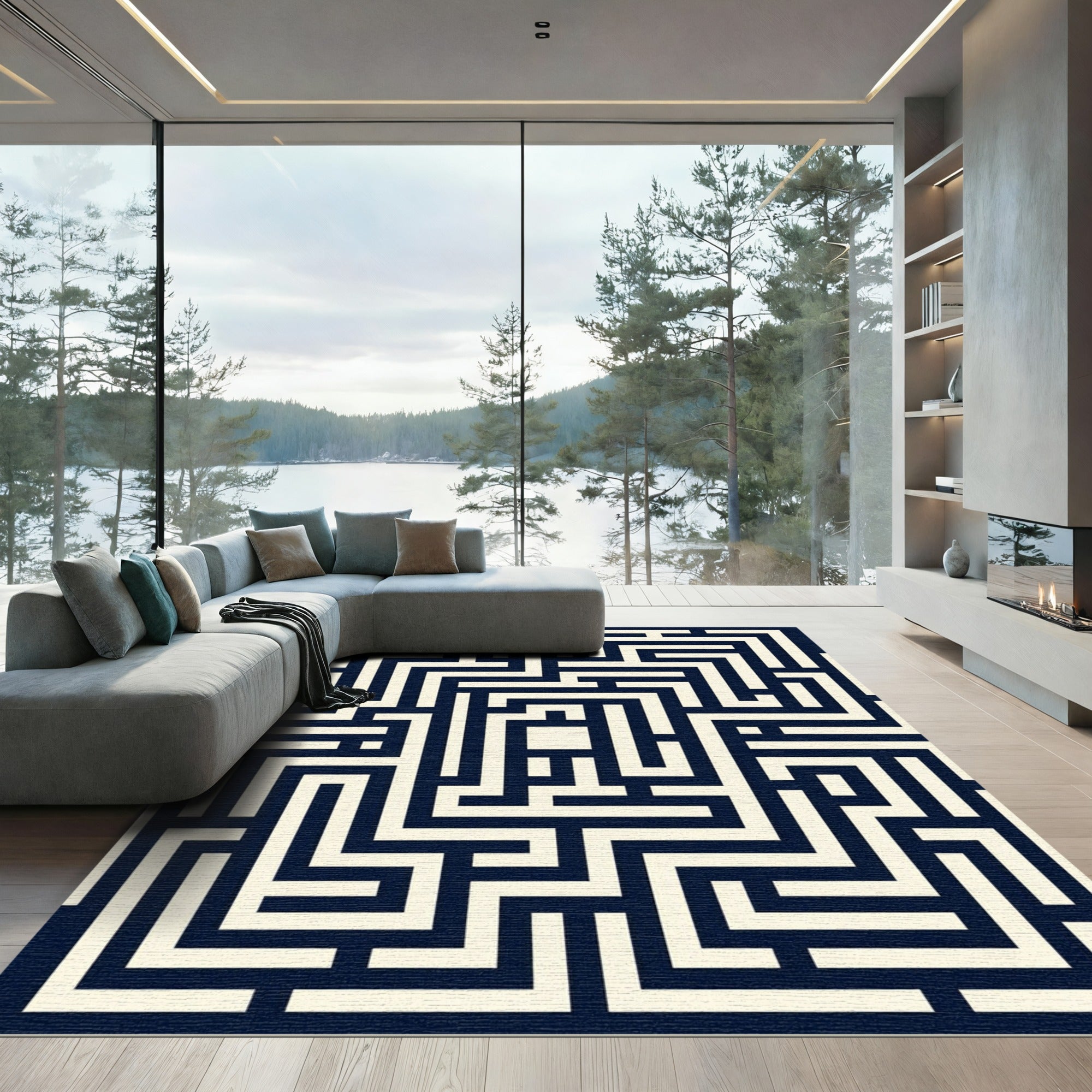 Modern Navy Monochrome Labyrinth Maze Area Rug