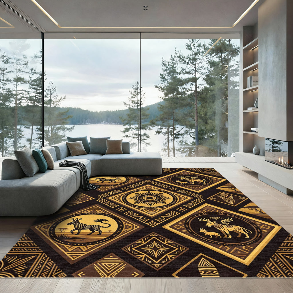 Golden Tribal Animals Diamond Rug