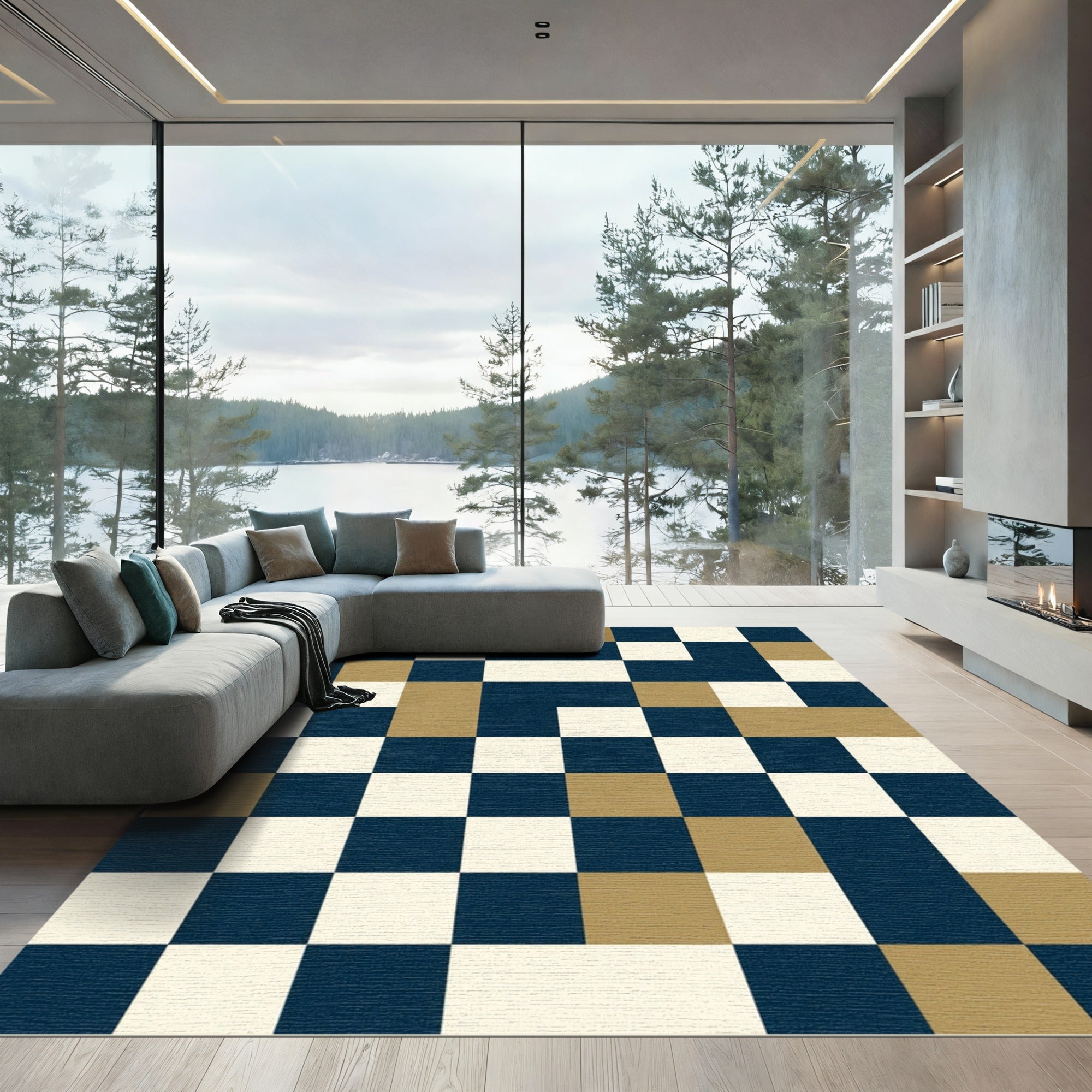 Modern Navy Gold Colorblock Geometric Rug
