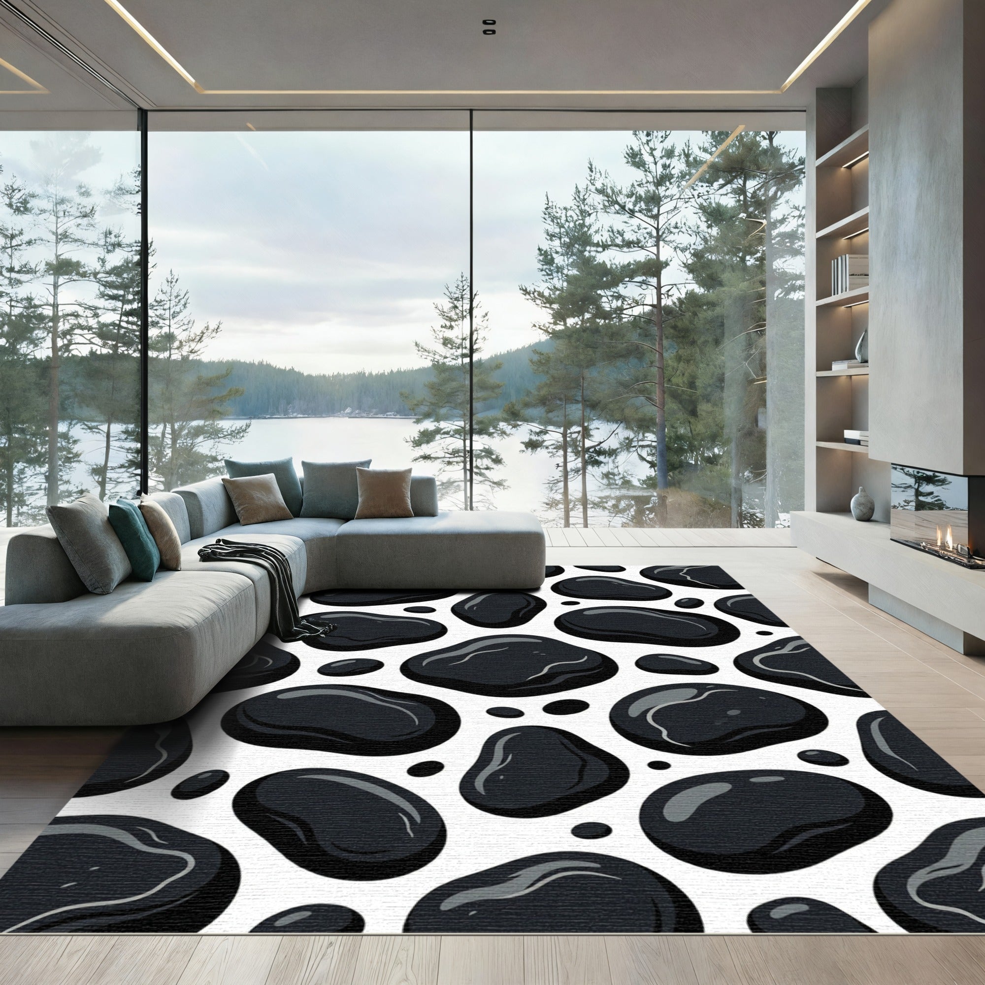 Glossy Black Pebbles Scatter Rug