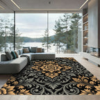 Gold and Slate Damask Floral Medallion Rug