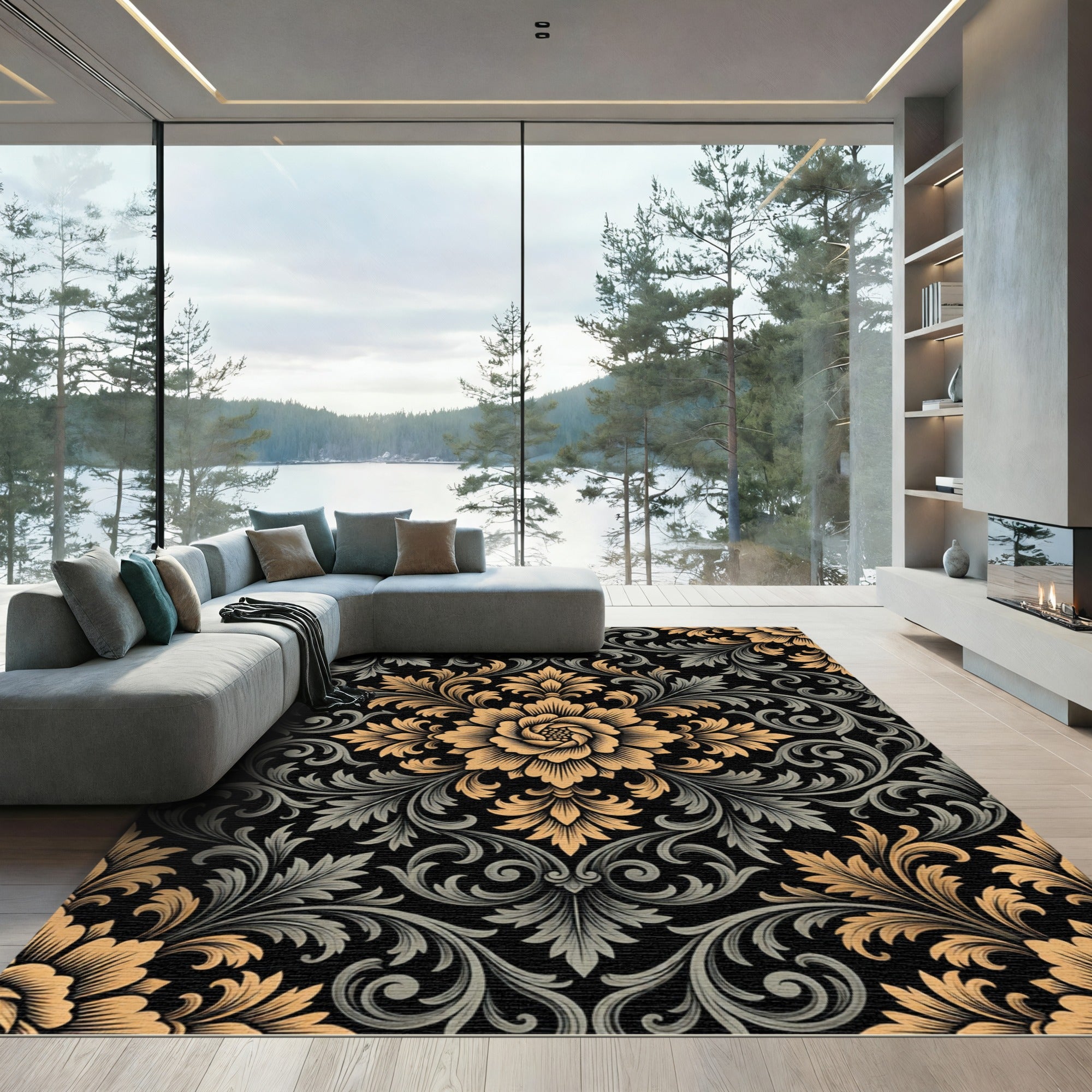 Gold and Slate Damask Floral Medallion Rug