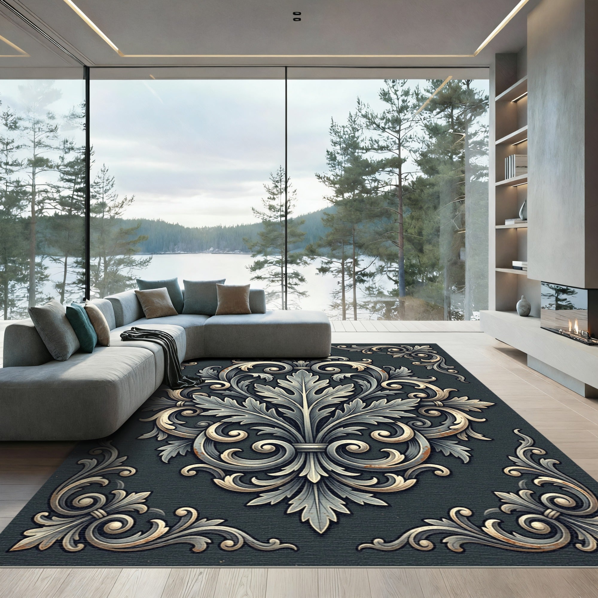 Elegant Charcoal Gray Damask Acanthus Scroll Rug