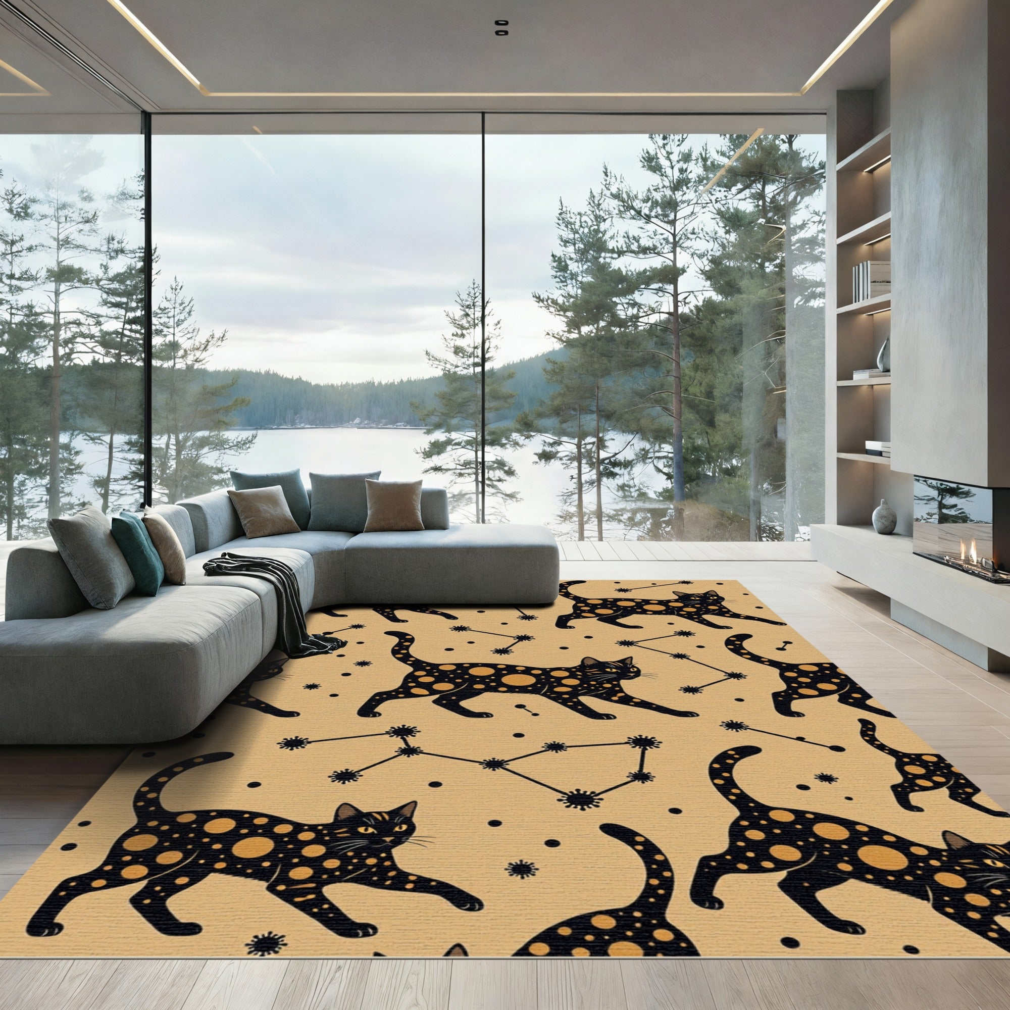 Celestial Black Cat Constellation Gold Rug