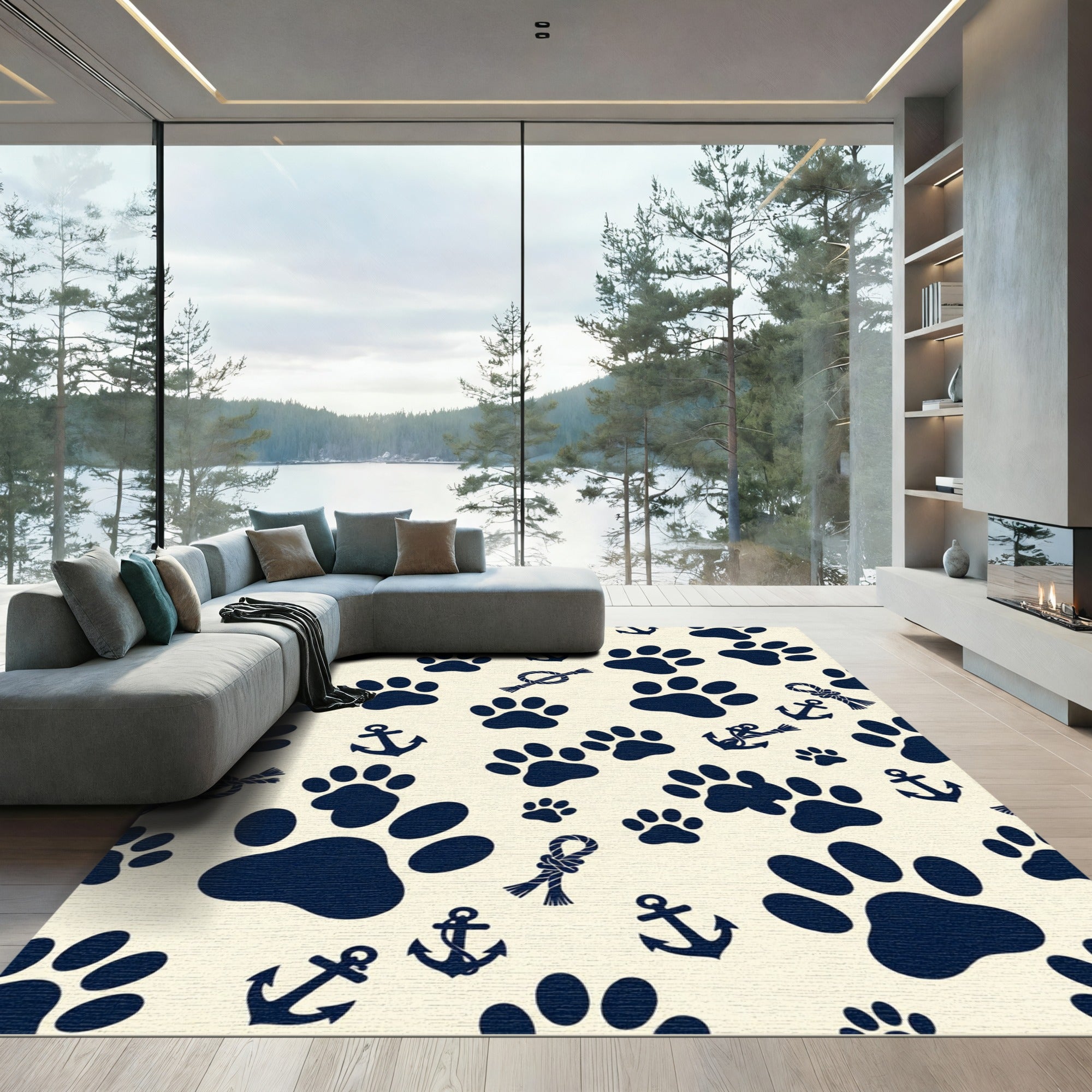 Navy Nautical Paw Anchor Rope Art Rug