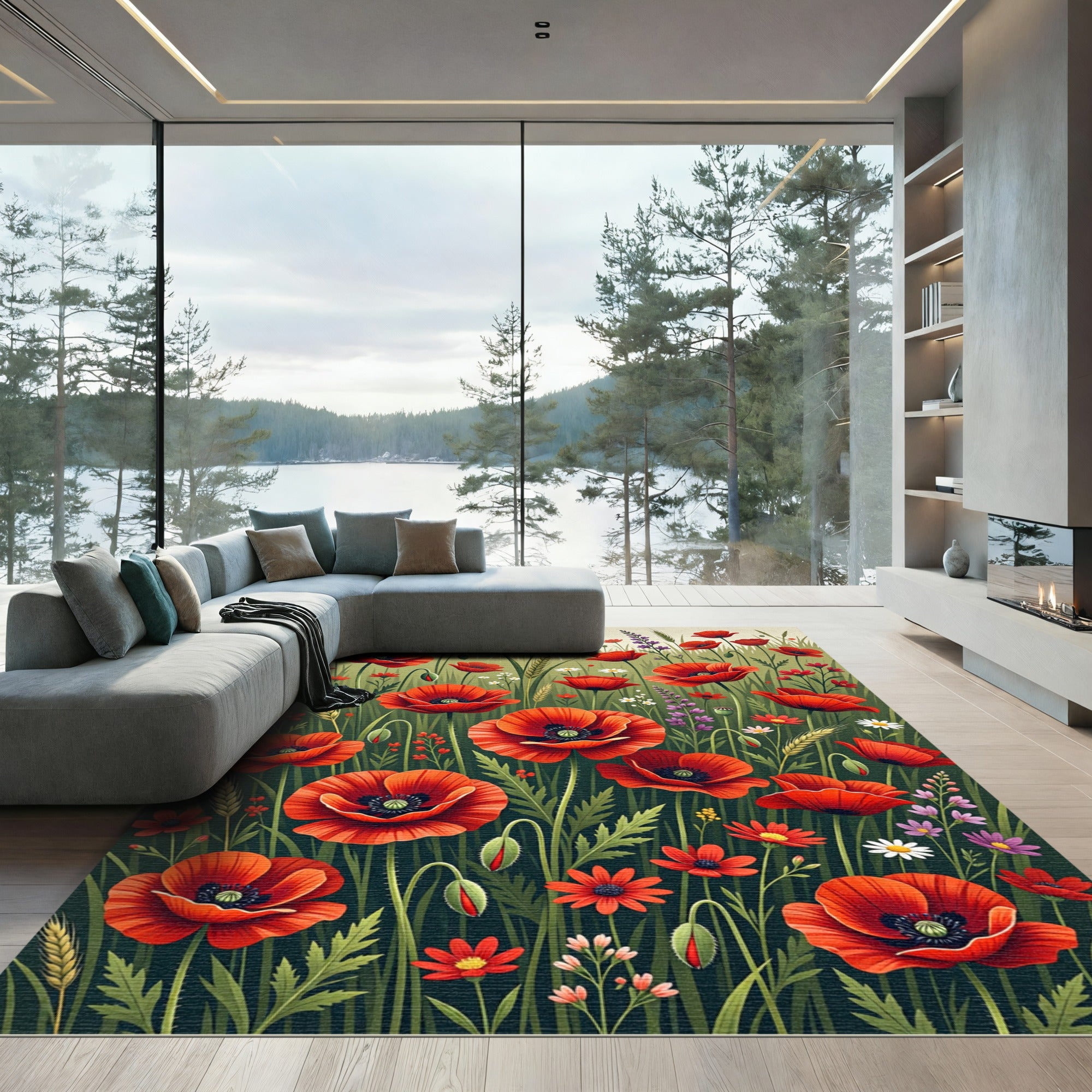 Vibrant Red Poppy Field Meadow Rug