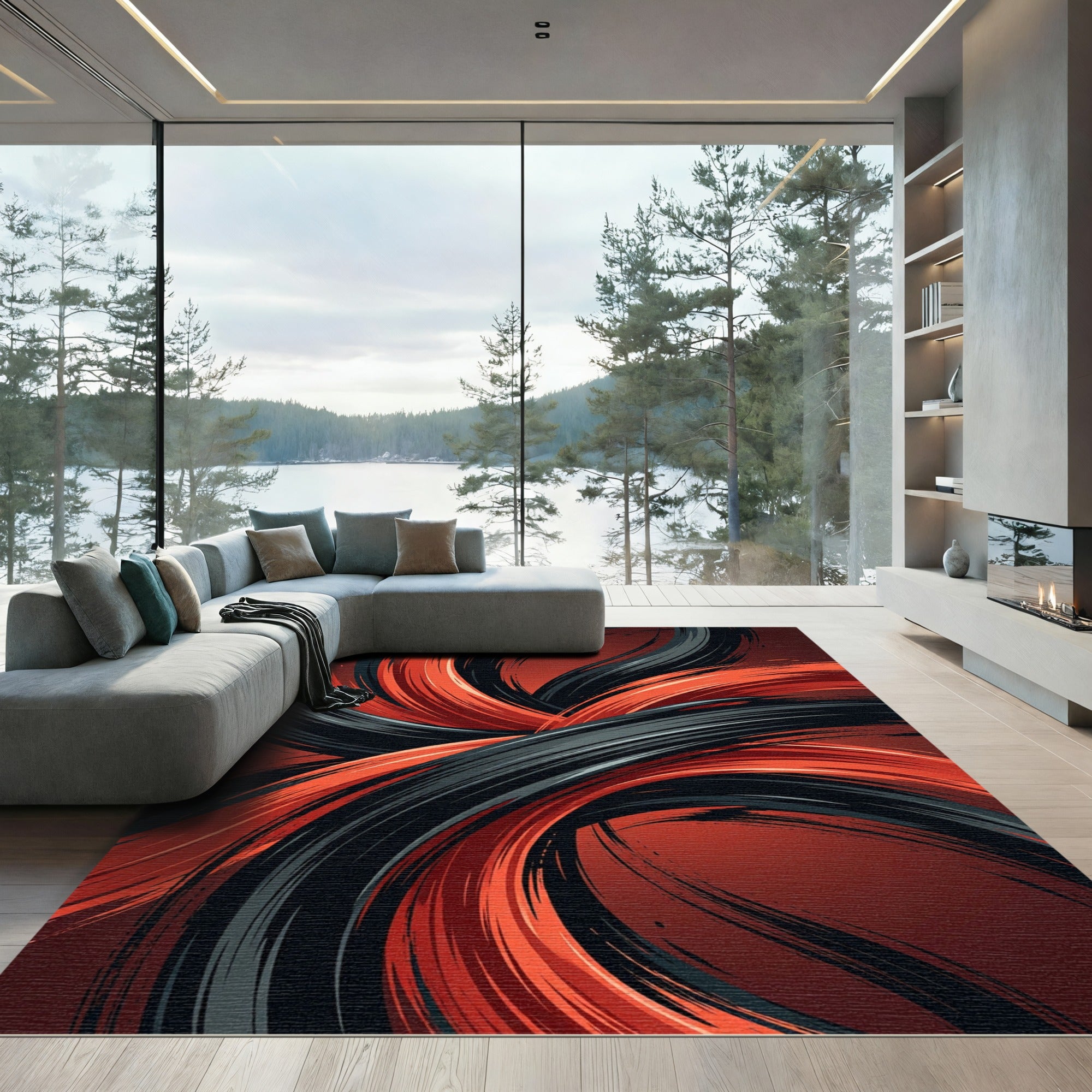 Black and Red Dynamic Swirl Rug