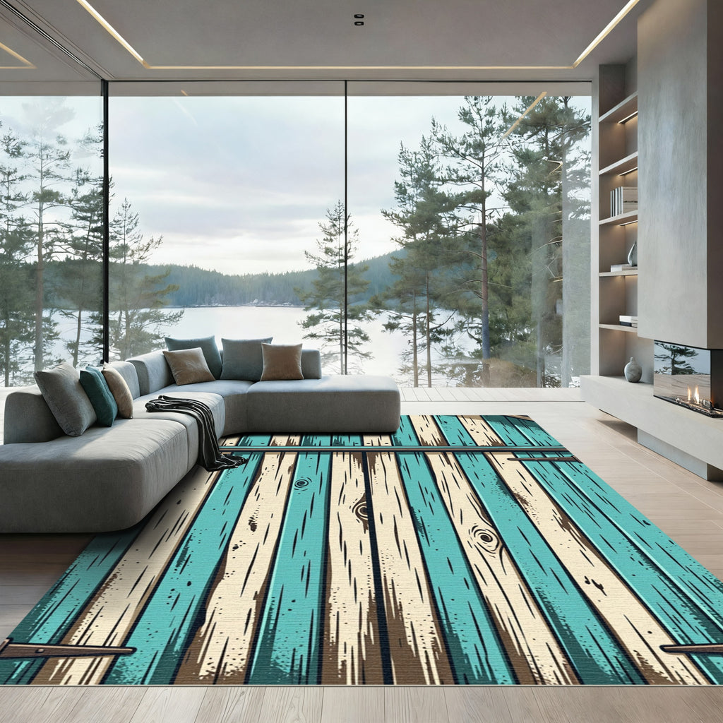 Rustic Teal and Cream Wood Plank Rug