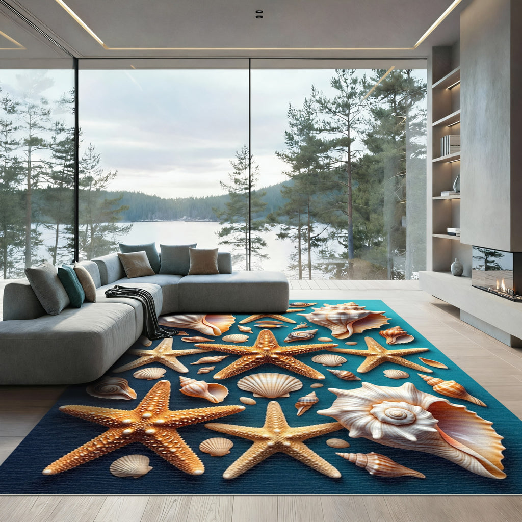Coastal Seashell and Starfish Marine Motif Rug