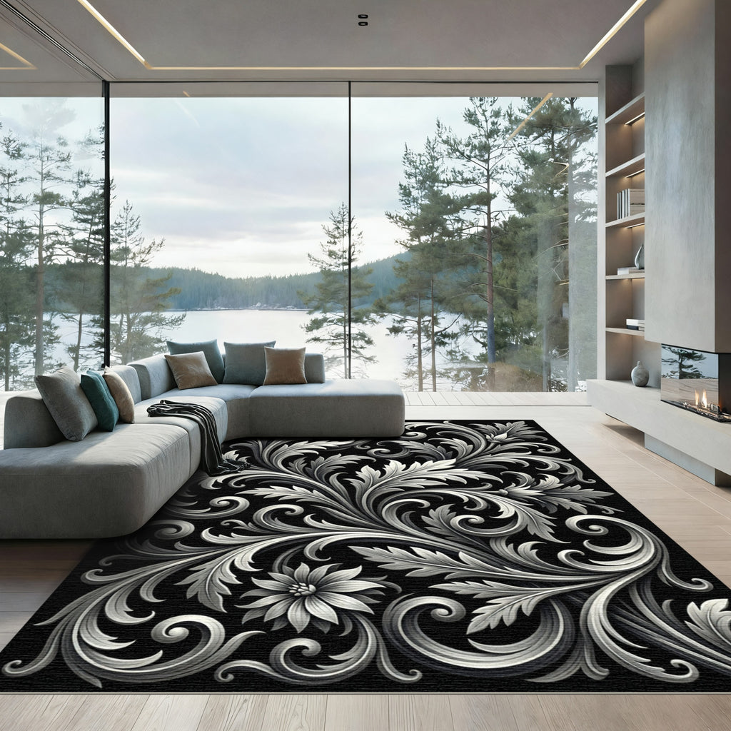 Elegant White Floral Scrollwork Rug
