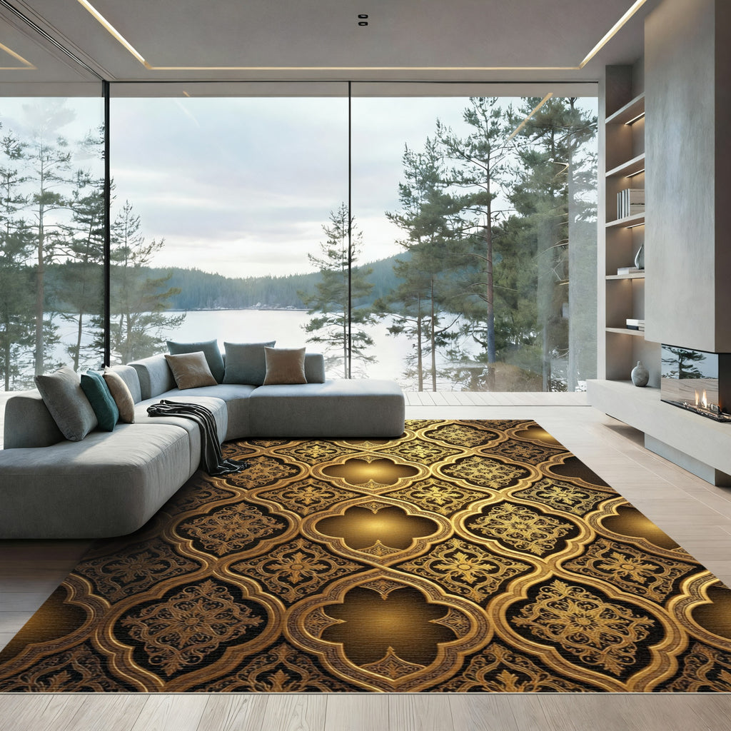 Ornate Golden Lattice Quatrefoil Damask Rug