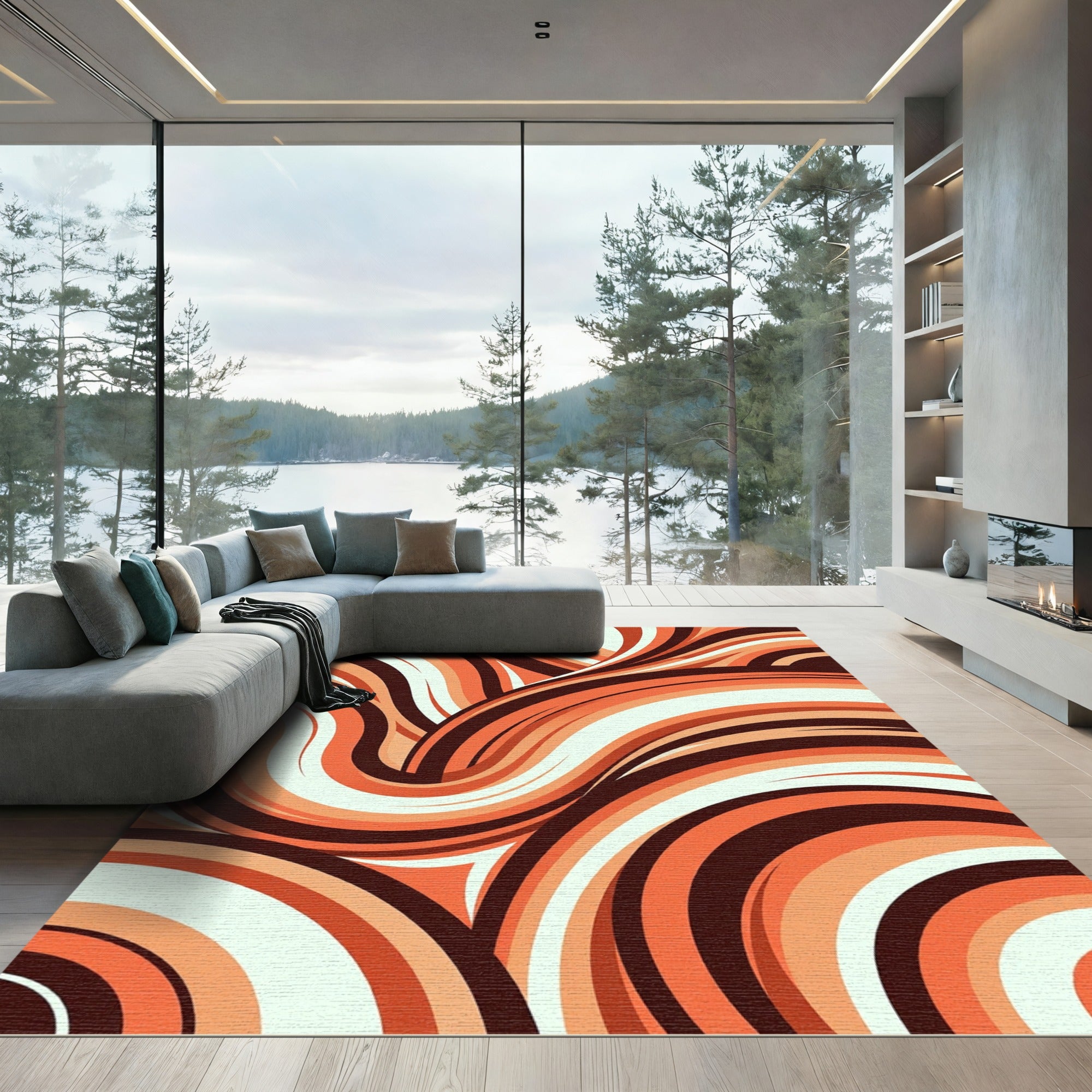 Retro Orange And Cream Abstract Swirl Rug